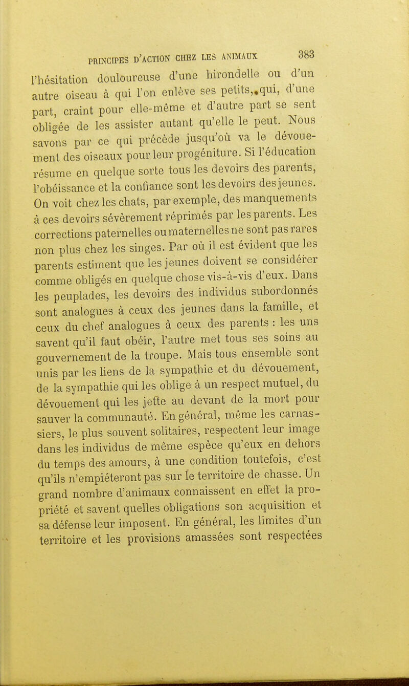 l'hésitation douloureuse d'une hirondelle ou d'un autre oiseau à qui Ton eulève ses petits,.qui, d'une part craint pour elle-même et d'autre part se sent obligée de les assister autant qu'elle le peut. Nous savons par ce qui précède jusqu'où va le dévoue- ment des oiseaux pour leur progéniture. Si l'éducation résume en quelque sorte tous les devoirs des parents, l'obéissance et la confiance sont les devoirs des jeunes. On voit chez les chats, par exemple, des manquements à ces devoirs sévèrement réprimés par les parents. Les corrections paternelles oumaternelles ne sont pas rares non plus chez les singes. Par où il est évident que les parents estiment que les jeunes doivent se considérer comme obligés en quelque chose vis-à-vis d'eux. Dans les peuplades, les devoirs des individus subordonnés sont analogues à ceux des jeunes dans la famille, et ceux du chef analogues à ceux des parents : les uns savent qu'il faut obéir, l'autre met tous ses soins au gouvernement de la troupe. Mais tous ensemble sont unis par les liens de la sympathie et du dévouement, de la sympathie qui les oblige à un respect mutuel, du dévouement qui les jette au devant de la mort pour sauver la communauté. En général, même les carnas- siers, le plus souvent solitaires, respectent leur image dans'les individus de même espèce qu'eux en dehors du temps des amours, à une condition toutefois, c'est qu'ils n'empiéteront pas sur le territoire de chasse. Un grand nombre d'animaux connaissent en effet la pro- priété et savent quelles obligations son acquisition et sa défense leur imposent. En général, les limites d'un territoire et les provisions amassées sont respectées
