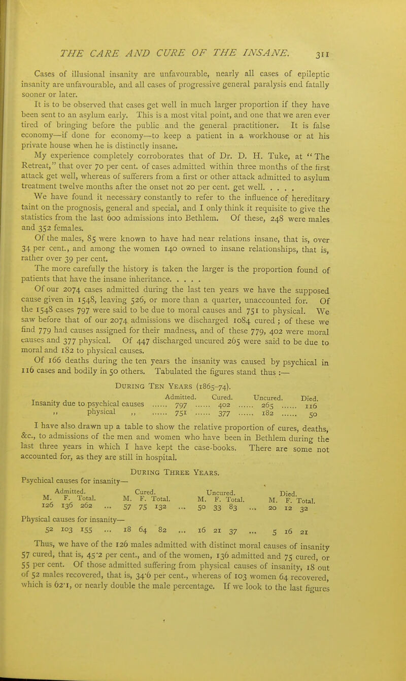 Cases of illusional insanity are unfavourable, nearly all cases of epileptic insanity are unfavourable, and all cases of progressive general paralysis end fatally sooner or later. It is to be observed that cases get well in much larger proportion if they have been sent to an asylum early. This is a most vital point, and one that we aren ever tired of bringing before the public and the general practitioner. It is false economy—if done for economy—to keep a patient in a workhouse or at his private house when he is distinctly insane. My experience completely corroborates that of Dr. D. H. Tuke, at The Retreat, that over 70 per cent, of cases admitted within three months of the first attack get well, whereas of sufferers from a first or other attack admitted to asylum treatment twelve months after the onset not 20 per cent, get well We have found it necessary constantly to refer to the influence of hereditary taint on the prognosis, general and special, and I only think it requisite to give the statistics from the last 600 admissions into Bethlem. Of these, 248 were males and 352 females. Of the males, 85 were known to have had near relations insane, that is, over 34 per cent., and among the women 140 owned to insane relationships, that is, rather over 39 per cent. The more carefully the history is taken the larger is the proportion found of patients that have the insane inheritance Of our 2074 cases admitted during the last ten years we have the supposed cause given in 1548, leaving 526, or more than a quarter, unaccounted for. Of the 1548 cases 797 were said to be due to moral causes and 751 to physical. We saw before that of our 2074 admissions we discharged 1084 cured; of these we find 779 had causes assigned for their madness, and of these 779, 402 were moral causes and 377 physical. Of 447 discharged uncured 265 were said to be due to moral and 182 to physical causes. Of 166 deaths during the ten years the insanity was caused by psychical in 116 cases and bodily in 50 others. Tabulated the figures stand thus :— During Ten Years (1865-74). Admitted. Cured. Uncured. Died. Insanity due to psychical causes 797 402 265 116* physical 751 377 182 50 I have also drawn up a table to show the relative proportion of cures, deaths, &c., to admissions of the men and women who have been in Bethlem during the last three years in which I have kept the case-books. There are some not accounted for, as they are still in hospital. During Three Years. Psychical causes for insanity— Admitted. Cured. Uncured. Died M. F. Total. M. F. Total. M. F. Total. M F Total 126 136 262 ... 57 75 132 ... so 33 83 ... 20 12 32 Physical causes for insanity— 52 103 155 ... 18 64 82 ... 16 21 37 ... 5 16 21 Thus, we have of the 126 males admitted with distinct moral causes of insanity 57 cured, that is, 45*2 per cent., and of the women, 136 admitted and 75 cured, or 55 per cent. Of those admitted suffering from physical causes of insanity, 18 out of 52 males recovered, that is, 34-6 per cent., whereas of 103 women 64 recovered which is 62-1, or nearly double the male percentage. If we look to the last figures