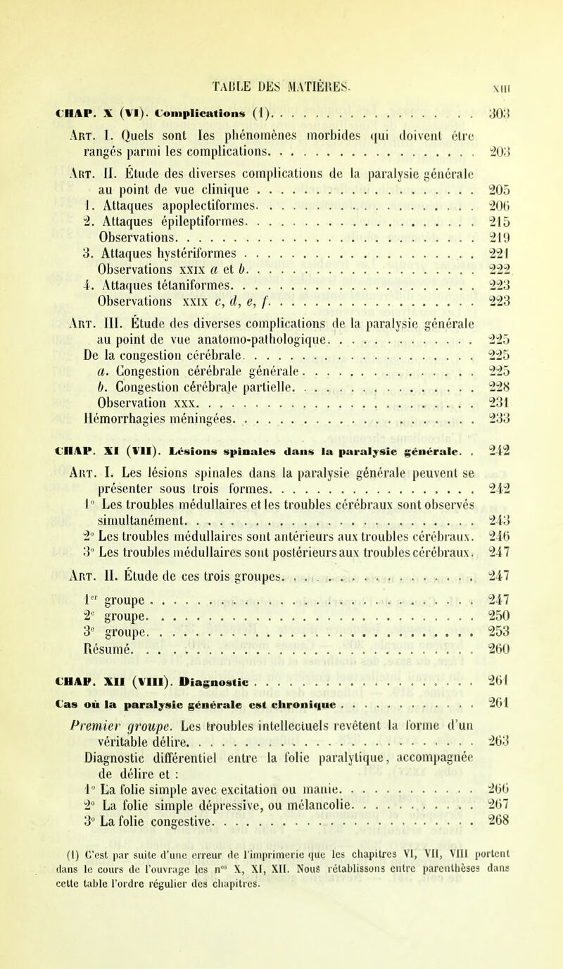 CHAP. X (VI). «Joniplications (1) ;J0:{ Art. I. Quels sont les phénomènes morbides qui tloivenl être ranges parmi les complications io;} Art. II. Étude des diverses complications de la paralysie générale au point de vue clinique 205 1. Attaques apoplectiformes 200 2. Attaques épileptiformes 215 Observations 21'J 3. Attaques hystériformes 221 Observations xxix a el b 222 4. Atta(iues tétaniformes 223 Observations xxix c, d, e, f 223 AuT. III. Étude des diverses complications de la paralysie générale au point de vue anatomo-pathologique 225 De la congestion cérébrale 225 a. Congestion cérébrale générale 225 b. Congestion cérébrale partielle 228 Observation xxx 231 Hémorrhagies méningées 233 (JHAP. XI (Wll). Lésions spinales dans la paralysie générale. . 242 Art. I. Les lésions spinales dans la paralysie générale peuvent se présenter sous trois formes 242 1 Les troubles médullaires et les troubles cérébraux sont observés simultanément 243 2 Les troubles médullaires sont antérieurs aux troubles cérébraux. 246 3 Les troubles médullaires sont postérieurs aux troubles cérébraux. 247 Art. II. Étude de ces trois groupes. 247 1 groupe 247 2 groupe 250 3 groupe 253 Résumé 260 CHAP. XU (WIIl). Diagnostic 261 Cas où la paralysie générale est clironi<iue 261 Premier groupe. Les troubles intellectuels revêtent la l'orme d'un véritable délire 263 Diagnostic différentiel entre la folie paralytique, accompagnée de délire et : 1 La folie simple avec excitation ou manie 266 2 La folie simple dépressive, ou mélancolie 267 3° La folie congestive '268 (1) C'est par suite d'une erreur de riniprinicric que les chapitres VI, VII, VIII i)ortent dans le cours de l'ouvrage les X, XI, XII. Nous rétablissons entre parenthèses dans cette table l'ordre régulier des chapitres.