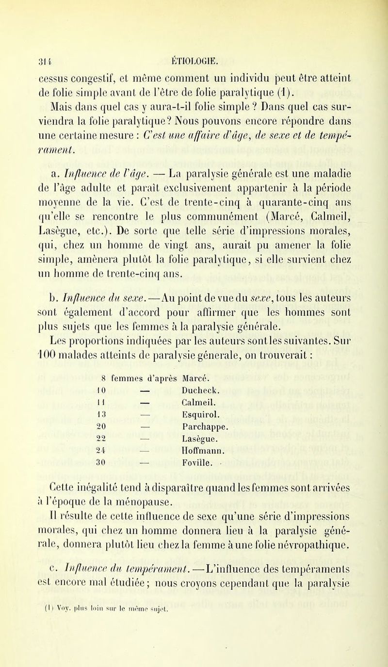 cessus congestif, et même comment un individu peut être atteint de folie simple avant de l'être de folie paralytique (i). Mais dans quel cas y aura-t-il folie simple ? Dans quel cas sur- viendra la folie paralytique? Nous pouvons encore répondre dans une certaine mesure : C'est ime affaire d'âge, de sexe et de tempé- rament. a. Influence de l'âge. — La paralysie générale est une maladie de l'Age adulte et parait exclusivement appartenir à la période moyenne de la vie. C'est de trente-cinq à quarante-cinq ans qu'elle se rencontre le plus communément (Marcé, Galmeil, Lasègue, etc.). De sorte que telle série d'impressions morales, qui, chez un homme de vingt ans, aurait pu amener la folie simple, amènera plutôt la folie paralytique, si elle survient chez un homme de trente-cinq ans. b. Influence du sexe. —Au point de vue du sexe, tous les auteurs sont également d'accord pour affirmer que les hommes sont plus sujets que les femmes à la paralysie générale. Les proportions indiquées par les auteurs sont les suivantes. Sur 100 malades atteints de paralysie générale, on trouverait : 8 femmes d'après Marcé. dO — Ducheck. 1 d — Calmeil. 13 — Esquirol. 20 — Parchappe. 22 — Lasègue. 24 — Hoffmann. 30 — Foville. • Cette inégalité tend à disparaître quand les femmes sont arrivées à l'époque de la ménopause. Il résulte de cette influence de sexe qu'une série d'impressions morales, qui chez un homme donnera lieu à la paralysie géné- rale, donnera plutôt lieu chez la femme aune folie névropathique. c. Iji/luence du tempérament.—L'influence des tempéraments est encore mal étudiée; nous croyons cependant que la paralysie (I ) Voy. plus Iriiii sur le niiMtir^ siijiH.