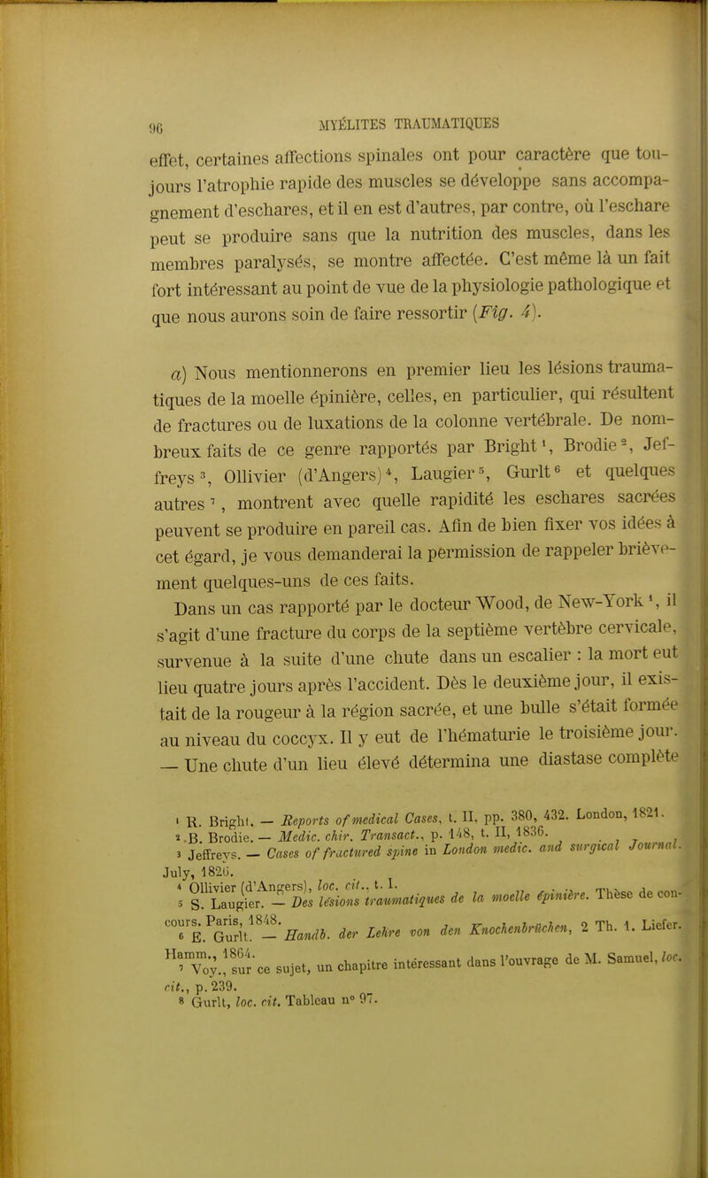 effet, certaines affections spinales ont pour caractère que tou- jours l'atropliie rapide des muscles se développe sans accompa- gnement d'eschares, et il en est d'autres, par contre, où l'eschare peut se produire sans que la nutrition des muscles, dans les membres paralysés, se montre affectée. C'est même là un fait fort intéressant au point de vue de la physiologie pathologique et que nous aurons soin de faire ressortir {Fig. 4). a) Nous mentionnerons en premier lieu les lésions trauma- tiques de la moelle épinière, celles, en particulier, qui résultent de fractures ou de luxations de la colonne vertébrale. De nom- breux faits de ce genre rapportés par Bright», Brodie^ Jef- freys^ Ollivier (d'Angers)*, Laugier\ Gurlt^ et quelques autres ', montrent avec quelle rapidité les eschares sacrées peuvent se produire en pareil cas. Afin de bien fixer vos idées à cet égard, je vous demanderai la permission de rappeler briève- ment quelques-uns de ces faits. Dans un cas rapporté par le docteur Wood, de New-York il s'agit d'une fracture du corps de la septième vertèbre cervicale, survenue à la suite d'une chute dans un escalier : la mort eut lieu quatre jours après l'accident. Dès le deuxième jour, il exis- tait de la rougeur à la région sacrée, et une bulle s'était formée au niveau du coccyx. Il y eut de l'hématurie le troisième jour. — Une chute d'un lieu élevé détermina une diastase complète • R. Brigbl. - Reports of médical Cases, t. II, pp. 380, 432. London, 1821. f.B Brodie. — Medic. chir. Transact., p. 148, t. II, 1836. 3 Jeffreys. - Cases of fractured spine in London medic. and surgical Journal. 'l'^S^-t;Sio::^'—- ^« ^« ^^^^^^ rE.'^Gurit' -'^WJ. àer LeKre .on den KnockenMen, 2 Th. 1. Licfer. ^Toy.!futce sujet, un chapitre intéressant dans l'ouvrage de M. Samuel, loc. cit., p. 239. 8 Giirll, loc. cit. Tableau n» 97.