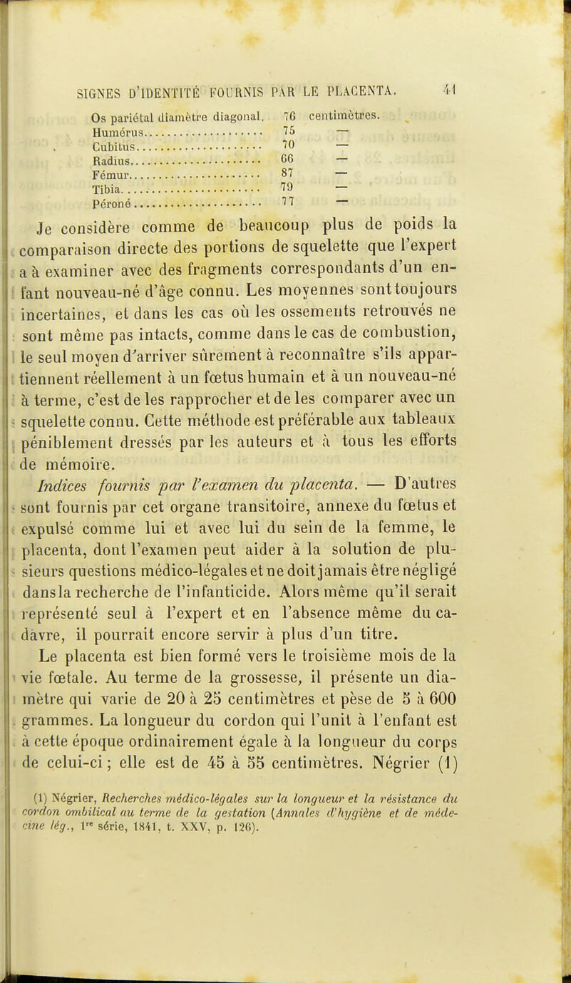 SIGNES D'IDENTITÉ FOURNIS PAR LE PLACENTA. 41 Os pariétal diamètre diagonal, 76 centimètres. Humérus 1^ — Cubitus ÎO — Radius 66 — Fémur 87 — Tibia T9 — Péroné '''ï — Je considère comme de beaucoup plus de poids la i comparaison directe des portions de squelette que l'expert :■ a à examiner avec des fragments correspondants d'un en- i fant nouveau-né d'âge connu. Les moyennes sont toujours i incertaines, et dans les cas où les ossements retrouvés ne : sont même pas intacts, comme dans le cas de combustion, 1 le seul moyen d'arriver sûrement à reconnaître s'ils appar- t tiennent réellement à un fœtus humain et à un nouveau-né l à terme, c'est de les rapprocher et de les comparer avec un ? squelette connu. Celte méthode est préférable aux tableaux I péniblement dressés par les auteurs et à tous les efforts de mémoire. Indices fournis par l'examen du placenta. — D'autres ï sont fournis par cet organe transitoire, annexe du fœtus et t expulsé comme lui et avec lui du sein de la femme, le { placenta, dont l'examen peut aider à la solution de plu- ^ sieurs questions médico-légales et ne doit jamais être négligé i dans la recherche de l'infanticide. Alors même qu'il serait i représenté seul à l'expert et en l'absence même du ca- . dàvre, il pourrait encore servir à plus d'un titre. Le placenta est bien formé vers le troisième mois de la ' vie fœtale. Au terme de la grossesse, il présente un dia- I mètre qui varie de 20 à 25 centimètres et pèse de 5 à 600 . grammes. La longueur du cordon qui l'unit à l'enfant est > à cette époque ordinairement égale à la longueur du corps . de celui-ci; elle est de 45 à 55 centimètres. Négrier (1) (1) Négrier, Recherches médico-légales sur la longueur et la résistance du cordon ombilical au terme de la gedation {Annales d'hygiène et de méde- cine lég., 1« série, 1841, t. XXV, p. 126).