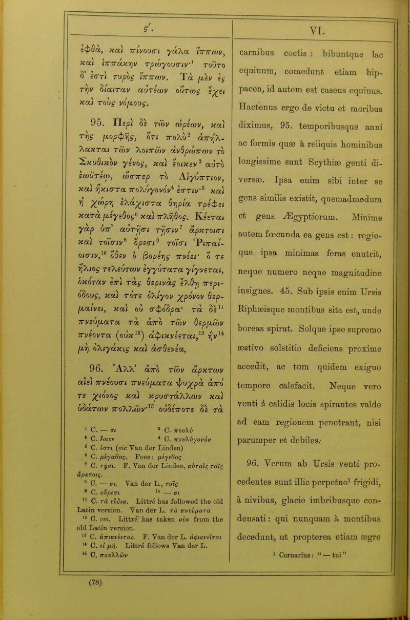 εφάά, κα) ττίνουοτι γά\α 'Ιπττων, κα) ΙτΓΤΓάκ-ην τρωγουσιν^ τούτο δ' ε(Γτ) τυρός Ίτητων. Τα ^άν ες ττ)ν δ/α/ταν αύτεων ούτως εχει κα) τους νόμους. 95. Τίερ) δε τίον ωρεων, κα) της (χορφΎ]ς, οτι ττολυ^ άττ-ηλ- λακται των λοιττών άνθρώττων το Χκυόικον γένος, κα) εοικεν^ αυτο εωϋτεω, ωσ-ττερ το ΑΙγυτττιον, κα) Ύ)κΐ(Γτα ττοΤιυγονόν^ εστιν'^ κα) η χωρ-η ελάχκττα ύ-ηρία τρέφει κατά μεγεόος^ κα) ττληόο^. Κε'ετα* γαρ ΰτΓ αυτγα-ι τγσ-ιν'^ αρκτοισι κα) τοΤσ-ιν^ ορεσι^ τ6ΐ(Γΐ Ύιτταί- οΐίτιν,^ οόεν ο βορε7]ς ττνεεί' ο τε ΎίΧιος τελεύτων ε^^ύτατα γίγνεται, οκόταν εττ) τας όερινας ελόγ ττερι- ό^ους, κα) τότε ολίγον χ_ρόνον θερ- μαίνει, κα) ου σφόδρα· τα δε ττνευματα τα άττο τών όερμων ττνεοντα (ουκ^^) αφικνε'ετα*/^ ην^^ μ-η ολιγάκις κα) ασθενεα, 96. Άλλ' ατΓο των άρκτων α\ε) ττνεουσ-ι ττνευματα ψυρ^ρά άττο τε γιόνος κα) κρυσ-ταΚλων κα) υδάτων ττολλών^^ ούΜττοτε δε τα ' C. — σι ' C. ΤΓονλν * C. lot/ce * C. τΓονλνγονόν * C. £στι (sic Van der Linden) * C. μεγαθος. Foes : μεγιθος ' C. ryai. F. Yan der Linden, ανταΐς τάΐς άρκτοις. * C. — σι. Van der L., τοΊς ' C. ovpsai — σι C. τά tîiSia. Littre has followed the old Latin version. Van der L. τά πνεύματα  C. om. Littré has taken ουκ from the old Latin version. C. άιτικνίεται. P. Van der L. άψικνεΊται C. f ί μή. Littré follows Van der L. '* 0. ΤΓουλλών carnibus coctis : bibuntque lac equinum, comedunt etiam hip- pacen, id autem est caseus equinus. Hactenus ergo de victu et moribus diximusj 95. temporibusque anni ac formis quse à reliquis hominibus longissime sunt Scythige genti di- versaB. Ipsa enim sibi inter se gens similis existit, quemadmodum et gens --^Egyptiorum. Minime autem fœcunda ea gens est : regio- que ipsa minimas feras enutrit, neque numéro neque magnitudine insignes. 45. Sub ipsis enim Ursis Eiphisisque montibus sita est, unde boreas spirat. Solque ipse supremo sestivo solstitio deficiens proxime accedit_, ac tum quidem exiguo tempore calefacit. Neque vero venti à calidis locis spirantes valde ad earn regionem penetrant, nisi parumper et débiles; 96. Yerum ab Ursis venti pro- cedentes sunt illic perpétue^ frigidi, à nivibus, glacie imbribusque con- densati : qui nunquam à montibus deceduntj ut propterea etiam œgre ^ Cornarius :  — tni 