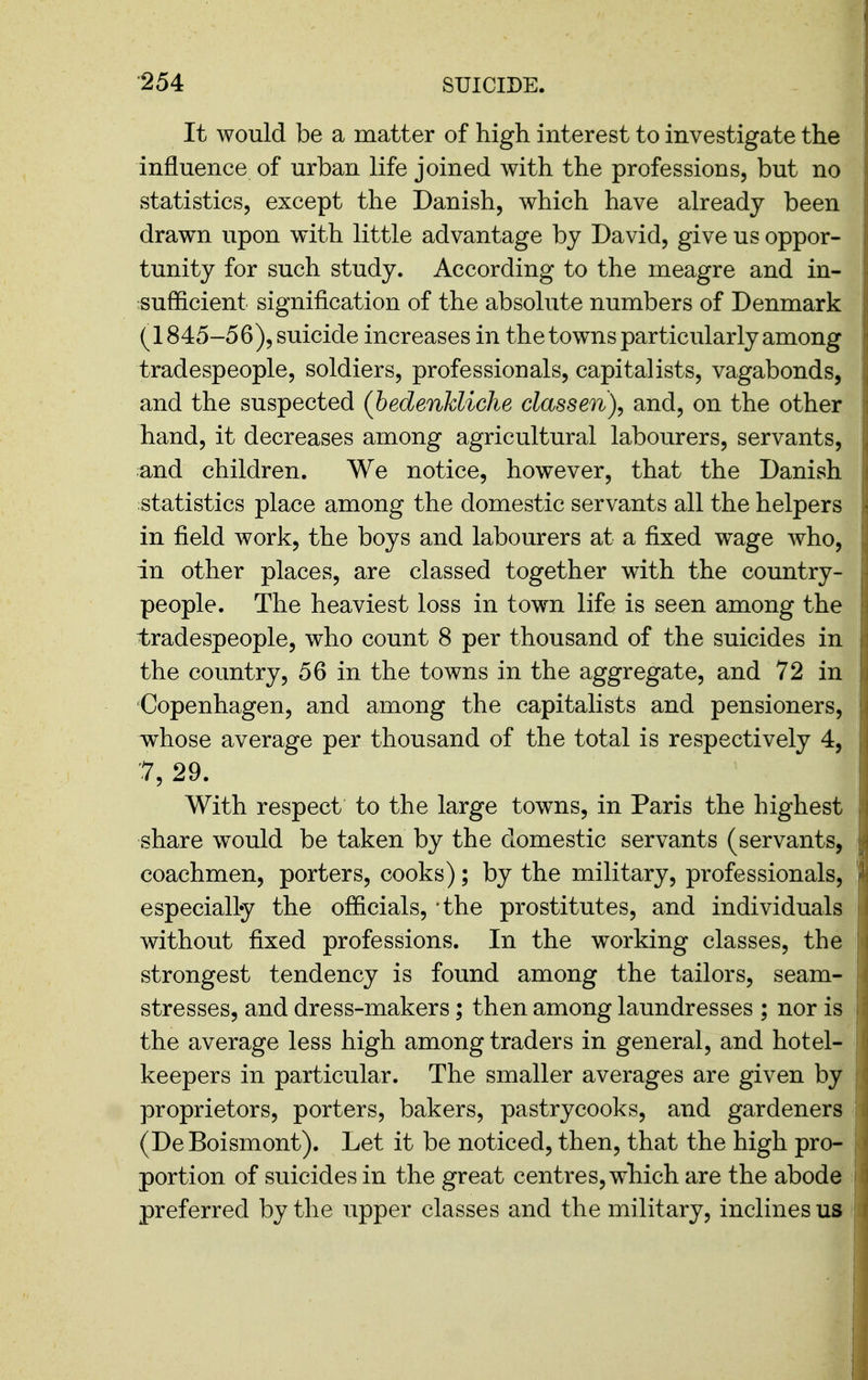 It would be a matter of high interest to investigate the influence of urban life joined with the professions, but no statistics, except the Danish, which have already been drawn upon with little advantage by David, give us oppor- tunity for such study. According to the meagre and in- sufficient signification of the absolute numbers of Denmark (1845-56), suicide increases in the towns particularly among tradespeople, soldiers, professionals, capitalists, vagabonds, and the suspected (bedenkliche classen)^ and, on the other hand, it decreases among agricultural labourers, servants, and children. We notice, however, that the Danish statistics place among the domestic servants all the helpers in field work, the boys and labourers at a fixed wage who, In other places, are classed together with the country- people. The heaviest loss in town life is seen among the tradespeople, who count 8 per thousand of the suicides in the country, 56 in the towns in the aggregate, and 72 in Copenhagen, and among the capitalists and pensioners, whose average per thousand of the total is respectively 4, 7, 29. With respect to the large towns, in Paris the highest share would be taken by the domestic servants (servants, coachmen, porters, cooks); by the military, professionals, especially the officials, the prostitutes, and individuals without fixed professions. In the working classes, the strongest tendency is found among the tailors, seam- stresses, and dress-makers; then among laundresses ; nor is the average less high among traders in general, and hotel- keepers in particular. The smaller averages are given by proprietors, porters, bakers, pastrycooks, and gardeners (DeBoismont). Let it be noticed, then, that the high pro- portion of suicides in the great centres, which are the abode preferred by the upper classes and the military, inclines us