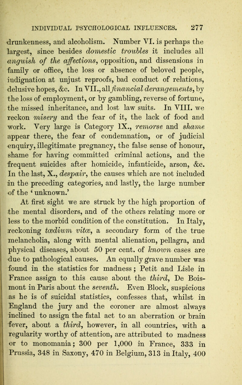 drunkenness, and alcoholism. Number VI. is perhaps the largest, since besides domestic troubles it includes all anguish of the affections^ opposition, and dissensions in family or office, the loss or absence of beloved people, indignation at unjust reproofs, bad conduct of relations, delusive hopes, &c. In VII., all financial derangements^ by the loss of employment, or by gambling, reverse of fortune, the missed inheritance, and lost law suits. In VIII. we reckon misery and the fear of it, the lack of food and work. Very large is Category IX., remorse and shame appear there, the fear of condemnation, or of judicial enquiry, illegitimate pregnancy, the false sense of honour, shame for having committed criminal actions, and the frequent suicides after homicide, infanticide, arson, &c. In the last, X., despair^ the causes which are not included in the preceding categories, and lastly, the large number of the ' unknown.' At first sight we are struck by the high proportion of the mental disorders, and of the others relating more or less to the morbid condition of the constitution. In Italy, {reckoning toedium vitce, a secondary form of the true melancholia, along with mental alienation, pellagra, and physical diseases, about 50 per cent, of known cases are due to pathological causes. An equally grave number was found in the statistics for madness; Petit and Lisle in France assign to this cause ahout the thirds De Bois- mont in Paris about the seventh. Even Block, suspicious as he is of suicidal statistics, confesses that, whilst in England the jury and the coroner are almost always inclined to assign the fatal act to an aberration or brain fever, about a thirds however, in all countries, with a regularity worthy of attention, are attributed to madness or to monomania; 300 per 1,000 in France, 333 in Prussia, 348 in Saxony, 470 in Belgium, 313 in Italy, 400