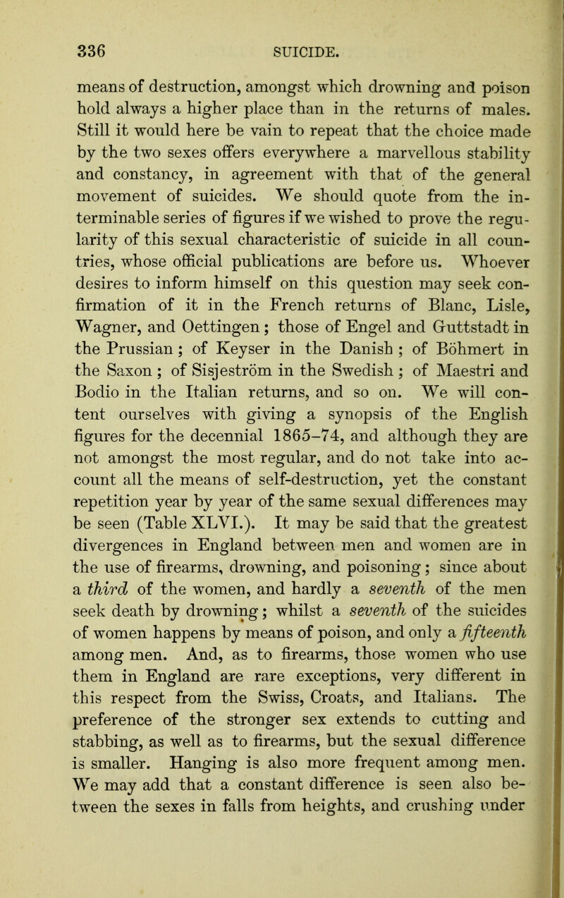 means of destruction, amongst which drowning and poison hold always a higher place than in the returns of males. Still it would here be vain to repeat that the choice made by the two sexes offers everywhere a marvellous stability and constancy, in agreement with that of the general movement of suicides. We should quote from the in- terminable series of figures if we wished to prove the regu- larity of this sexual characteristic of suicide in all coun- tries, whose official publications are before us. Whoever desires to inform himself on this question may seek con- firmation of it in the French returns of Blanc, Lisle, Wagner, and Oettingen; those of Engel and Gruttstadt in the Prussian; of Keyser in the Danish ; of Bohmert in the Saxon ; of Sisjestrom in the Swedish ; of Maestri and Bodio in the Italian returns, and so on. We will con- tent ourselves with giving a synopsis of the English figures for the decennial 1865-74, and although they are not amongst the most regular, and do not take into ac- count all the means of self-destruction, yet the constant repetition year by year of the same sexual differences may be seen (Table XLVI.). It may be said that the greatest divergences in England between men and women are in the use of firearms, drowning, and poisoning; since about a third of the women, and hardly a seventh of the men seek death by drowning; whilst a seventh of the suicides of women happens by means of poison, and only a fifteenth among men. And, as to firearms, those women who use them in England are rare exceptions, very diff*erent in this respect from the Swiss, Croats, and Italians. The preference of the stronger sex extends to cutting and stabbing, as well as to firearms, but the sexual diff'erence is smaller. Hanging is also more frequent among men. We may add that a constant difference is seen also be- tween the sexes in falls from heights, and crushing under