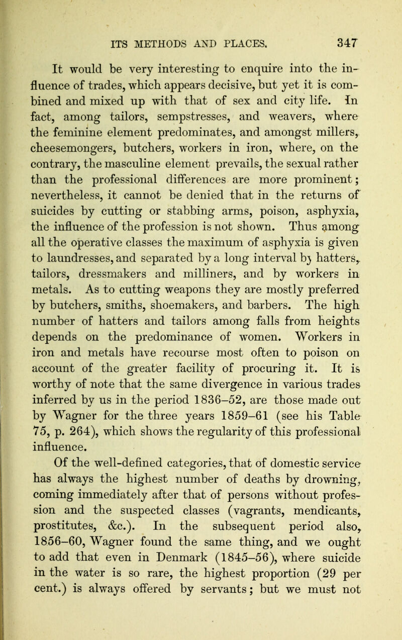 It would be very interesting to enquire into the in- fluence of trades, which appears decisive, but yet it is com- bined and mixed up with that of sex and city life, in fact, among tailors, sempstresses, and weavers, where the feminine element predominates, and amongst millers, cheesemongers, butchers, workers in iron, where, on the contrary, the masculine element prevails, the sexual rather than the professional differences are more prominent; nevertheless, it cannot be denied that in the returns of suicides by cutting or stabbing arms, poison, asphyxia, the influence of the profession is not shown. Thus among all the operative classes the maximum of asphyxia is given to laundresses, and separated by a long interval bj hatters,, tailors, dressmakers and milliners, and by workers in metals. As to cutting weapons they are mostly preferred by butchers, smiths, shoemakers, and barbers. The high number of hatters and tailors among falls from heights depends on the predominance of women. Workers in iron and metals have recourse most often to poison on account of the greater facility of procuring it. It is worthy of note that the same divergence in various trades inferred by us in the period 1836-52, are those made out by Wagner for the three years 1859-61 (see his Table 75, p. 264), which shows theregularity of this professional influence. Of the well-defined categories, that of domestic service has always the highest number of deaths by drownings coming immediately after that of persons without profes- sion and the suspected classes (vagrants, mendicants^ prostitutes, &c.). In the subsequent period also, 1856-60, Wagner found the same thing, and we ought to add that even in Denmark (1845-56), where suicide in the water is so rare, the highest proportion (29 per cent.) is always offered by servants; but we must not