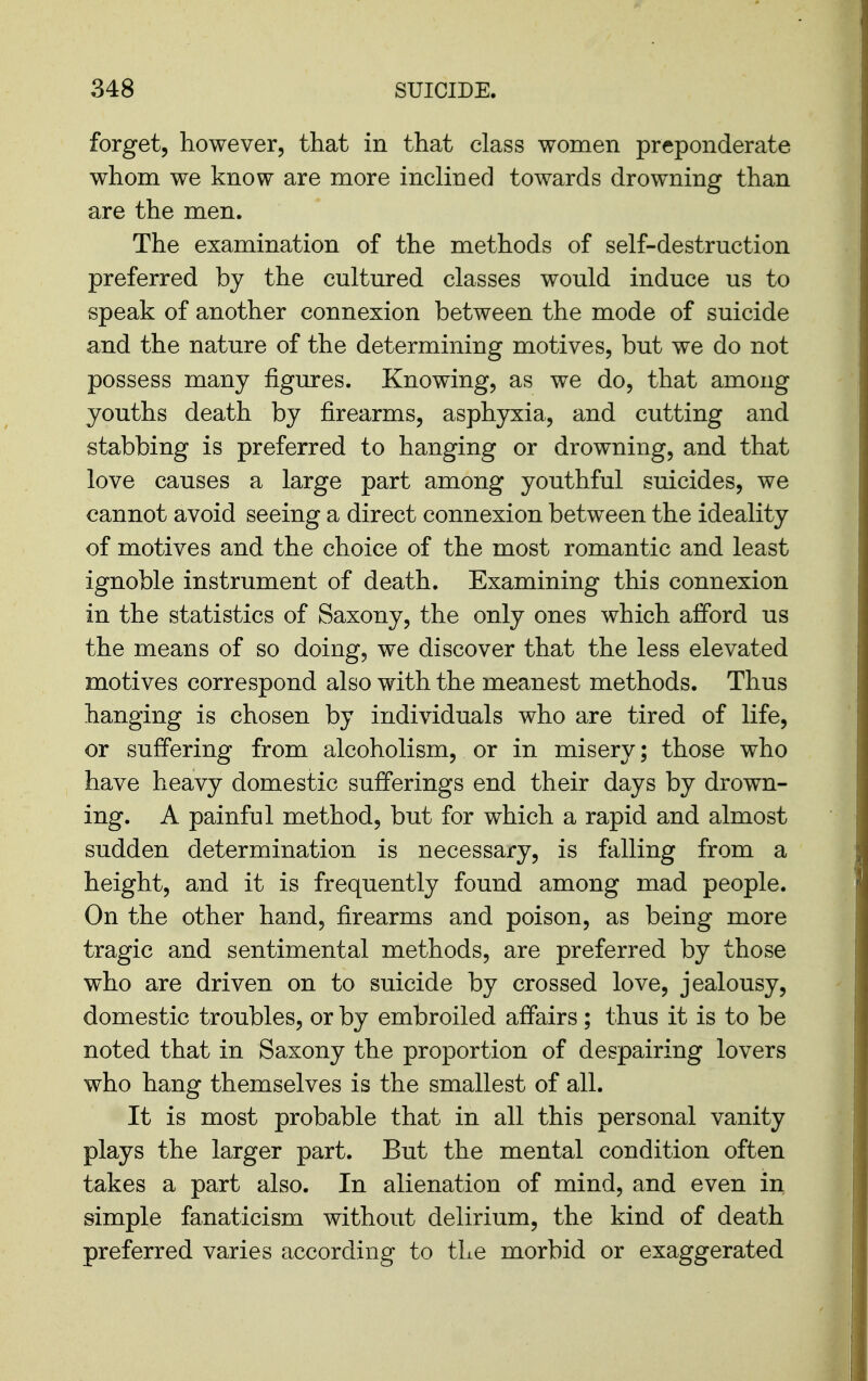 forget, however, that in that class women preponderate whom we know are more inclined towards drowning than are the men. The examination of the methods of self-destruction preferred by the cultured classes would induce us to speak of another connexion between the mode of suicide and the nature of the determining motives, but we do not possess many figures. Knowing, as we do, that among youths death by firearms, asphyxia, and cutting and stabbing is preferred to hanging or drowning, and that love causes a large part among youthful suicides, we cannot avoid seeing a direct connexion between the ideality of motives and the choice of the most romantic and least ignoble instrument of death. Examining this connexion in the statistics of Saxony, the only ones which afford us the means of so doing, we discover that the less elevated motives correspond also with the meanest methods. Thus hanging is chosen by individuals who are tired of life, or suffering from alcoholism, or in misery; those who have heavy domestic sufferings end their days by drown- ing. A painful method, but for which a rapid and almost sudden determination is necessary, is falling from a height, and it is frequently found among mad people. On the other hand, firearms and poison, as being more tragic and sentimental methods, are preferred by those who are driven on to suicide by crossed love, jealousy, domestic troubles, or by embroiled affairs; thus it is to be noted that in Saxony the proportion of despairing lovers who hang themselves is the smallest of all. It is most probable that in all this personal vanity plays the larger part. But the mental condition often takes a part also. In alienation of mind, and even in simple fanaticism without delirium, the kind of death preferred varies according to the morbid or exaggerated