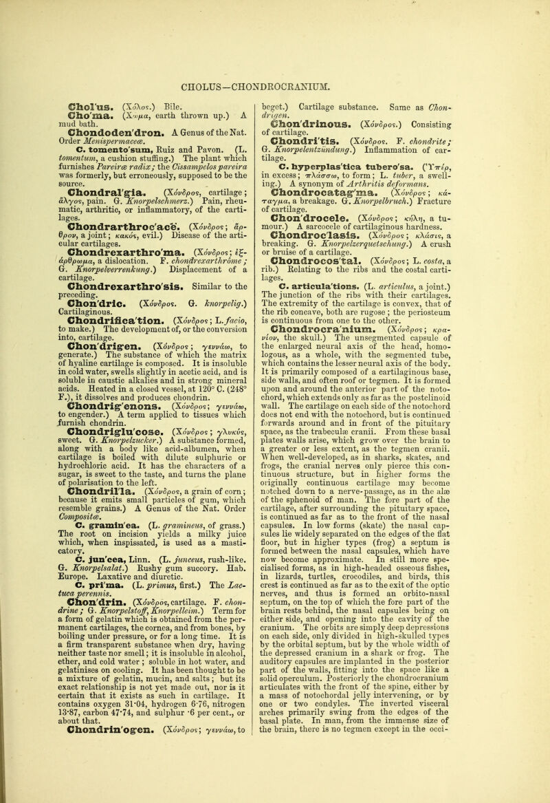 CHOLUS—CHONDROCRANIUM. dlOl'uS. (XoXo?.) Bile. Olio'ma. (Xoj/xa, earth thrown up.) A mud bath. Chondoden'dron. A Genus of the Nat. Order Menispermacece. C. tomento'sum, Euiz and Pavon. (L. tomentum, a cushion stuffing.) The plant which furnishes Pareir<B radix; the Gissampelos pareira was formerly, but erroneously, supposed to be the source. Chondral'g'ia. (Xo'y^joos, cartilage; aXyos, pain. Gr. Knorpelschmerz.) Pain, rheu- matic, arthritic, or inflammatory, of the carti- lages. Chondrarthroc'ace. (Xoi/5pos; ap- Qpov, a joint; /ca/cds, evil.) Disease of the arti- cular cartilages. Chondrezarthro'ma. (XSvSpos-, k^- dpOpoj/jLa, a dislocation. F. chondrexarthrome ; Gr, Knorpeherrenkung.) Displacement of a cartilage. Chondrexartliro'sis. Similar to the preceding. Chon'drlc. (XoVi^pos. G-. Jcnorpelig.) Cartilaginous. Chondrifica'tion. (XoV^^oos; 'L.facio, to make.) The development of, or the conversion into, cartilage. ChOIl'drig'eil. (Xoy^po?; yci/i/aoj, to generate.) The substance of which the matrix of hyaline cartilage is composed. It is insoluble in cold water, swells slightly in acetic acid, and is soluble in caustic alkalies and in strong mineral acids. Heated in a closed vessel, at 120° C. (248° r.), it dissolves and produces chondrin. dl03ldrig''e]1011S. (XoV^pos; yti^vaw, to engender.) A term applied to tissues which iurnish chondrin. Chondrig'lu'cose. (XoV^pos; yXu/c)59, sweet. G-. Knorpelzucker.) A substance formed, along with a body like acid-albumen, when cartUage is boiled with dilute sulphuric or hydrochloric acid. It has the characters of a sugar, is sweet to the taste, and turns the plane of polarisation to the left. Chondril'la. (^Sv^po's, a grain of corn; because it emits small particles of gum, which resemble grains.) A Genus of the Nat. Order Composit<^. C. grramin'ea. (L. gramineus, of grass.) The root on incision yields a milky juice which, when inspissated, is used as a masti- catory. C. jun'cea, Linn. (L. junceus^ rush-like. G. Knorpelsalat.) Rushy gum succory. Hab. Europe. Laxative and diuretic. C. pri'ma. (L. primus, first.) The Lac- tuca perennis. Chon'drin. (Xoj^Spos, cartilage. F. chon- drine ; Knorpelstoff,Knorpelleim.) Term for a form of gelatin which is obtained from the per- manent cartilages, the cornea, and from bones, by boiling under pressure, or for a long time. It is a firm transparent substance when dry, having neither taste nor smell; it is insoluble in alcohol, ether, and cold water ; soluble in hot water, and gelatinises on cooling. It has been thought to be a mixture of gelatin, mucin, and salts ; but its exact relationship is not yet made out, nor is it certain that it exists as such in cartilage. It contains oxygen 31'04:, hydrogen 676, nitrogen 13'87, carbon 47'74:, and sulphur -6 per cent., or about that. dLOndrin'OgrGl^* (Xdj/^pos; yzvva.(a,io beget.) Cartilage substance. Same as Chon- drigen, ^lion'drinous. (Xdi/opos.) Consisting of cartilage. Chondri'tis. (XdvSpos. F. chondrite; G. Knorpelentziindung.) Inflammation of car- tilage. C. hyperplas'tica tubero'sa. ('Tirep, in excess; TrXdcra-co, to form; L. tuber, a swell- ing.) A synonym of Arthritis deformans. Clioiidrocatag''ma. {X6v6po?; ku- Tayfxa, a breakage. G. Knorpelbruch.) Fracture of cartilage. Chon'drocele. (XSvdpo's; Krlkn, a tu- mour.) A sarcocele of cartilaginous hardness. Chondroc'lasis. {X6v8po^; /cXao-t§, a breaking. G. Knorpelzerquetschung.) A crush or bruise of a cartilage. Chondrocos'tal. (XoV^pos; L. costa, a rib.) Kelating to the ribs and the costal carti- lages. C. articula'tions. (L. articulus, a joint.) The junction of the ribs with their cartilages. The extremity of the cartilage is convex, that of the rib concave, both are rugose ; the periosteum is continuous from one to the other. Cliondrocra'nium. (XoV^pos; Kpa- v'lov, the skull.) The unsegmented capsule of the enlarged neural axis of the head, homo- logous, as a whole, with the segmented tube, which contains the lesser neural axis of the body. It is primarily composed of a cartilaginous base, side walls, and often roof or tegmen. It is formed upon and around the anterior part of the noto- chord, which extends only as far as the postclinoid wall. The cartilage on each side of the notochord does not end with the notochord, but is continued forwards around and in front of the pituitary space, as the trabeculae cranii. From these basal plates walls arise, which grow over the brain to a greater or less extent, as the tegmen cranii. When well-developed, as in sharks, skates, and frogs, the cranial nerves only pierce this con- tinuous structure, but in higher forms the originally continuous cartilage may become notched down to a nerve-passage, as in the alee of the sphenoid of man. The fore part of the cartilage, after surrounding the pituitary space, is continued as far as to the front of the nasal capsules. In low forms (skate) the nasal cap- sules Lie widely separated on the edges of the flat floor, but in higher types (frog) a septum is formed between the nasal capsules, which have now become approximate. In still more spe- cialised forms, as in high-headed osseous flshes, in lizards, turtles, crocodiles, and birds, this crest is continued as far as to the exit of the optic nerves, and thus is formed an orbito-nasal septum, on the top of which the fore part of the brain rests behind, the nasal capsules being on either side, and opening into the cavity of the cranium. The orbits are simply deep depressions on each side, only divided in high-skulled types by the orbital septum, but by the whole width of the depressed cranium in a shark or frog. The auditory capsules are implanted in the posterior part of the walls, fltting into the space like a solid operculum. Posteriorly the chondrocranium articulates with the front of the spine, either by a mass of notochordal jelly intervening, or by one or two condyles. The inverted visceral arches primarily swing from the edges of the basal plate. In man, from the immense size of the brain, there is no tegmen except in the occi-