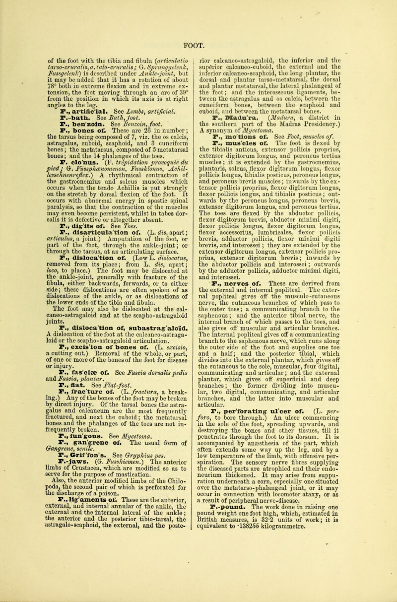 of the foot with the tibia and fibula {nrticulatio tarso-crnralis, a. talo-cruralis; G. SpnDxjgclonk^ Fmsgelenli) is described under Ankle-joint^ but it may be added that it has a rotation of about 78'' both in extreme flexion and in extreme ex- tension, the foot moving through an arc of 39^ from the position in which its axis is at right angles to the leg. P., artificial. See Limbs, artificial. F.-bath. See Bath, foot. P., ben'zoin. See Benzoin, foot. P., bones of. These are 26 in number; the tarsus being composed of 7, viz. the os calcis, astragalus, cuboid, scaphoid, and 3 cuneiform bones; the metatarsus, composed of 5 metatarsal bones; and the 14 phalanges of the toes. P. clo'nus. (F. trepidation provoquce du pied; G. Fiissphcenomenon, Fuss/clonus, Achil- lessehnenrejlex.) A rhj^thmical contraction of the gastrocnemius and soleus muscles which occurs when the tendo Achillis is put strongly on the stretch by dorsal flexion of the foot. It occurs with abnormal energy in spastic spinal paralysis, so that the contraction of the muscles may even become persistent, whilst in tabes dor- salis it is defective or altogether absent. P., dig-'its of. See Toes. P., disarticula'tion of. (L. dis, apart; articulus, a joint.) Amputation of the foot, or part of the foot, through the ankle-joint; or through the tarsus, at an articulating surface. P., disloca'tion of. (Low L. dislocatus, removed from its place; from L. dis, apart; loco, to place.) The foot may be dislocated at the ankle-joint, generally with fracture of the fibula, either backwards, forwards, or to either side; these dislocations are often spoken of as dislocations of the ankle, or as dislocations of the lower ends of the tibia and fibula. The foot may also be dislocated at the cal- caneo-astragaloid and at the scapho-astragaloid joints. P., disloca'tion of, subastrag-'alo'id. A dislocation of the foot at the calcan^o-astraga- loid or the scapho-astragaloid articulation. P., excis'ion of bones of. (L. excisio, a cutting out.) Eemoval of the whole, or part, of one or more of the bones of the foot for disease or injury. P., fas'ciae of. 3ee Fascia dorsalis pedis and Fascia, plantar. P., flat. See Flat-foot. P., frac'ture of. (L.fractura, a break- ing.) Any of the bones of the foot may be broken by direct injury. Of the tarsal bones the astra- galus and calcaneum are the most frequently fractured, and next the cuboid; the metatarsal bones and the phalanges of the toes are not in- frequently broken. P., ftin'grous. See Mycetoma. P., g-an'grrene of. The usual form of Gangrene, senile. P., Griffon's. See Grt/phiuspes. P.-jaws. (G. Ft(sskiemen.) The anterior limbs of Crustacea, which are modified so as to serve for the purpose of mastication. Also, the anterior modified limbs of the Chile- poda, the second pair of which is perforated for the discharge of a poison. P., li^'aments of. These are the anterior, external, and internal annular of the ankle, the external and the internal lateral of the ankle ; the anterior and the posterior tibio-tarsal, the astragalo-scaphoid, the external, and the poste- I rior calcaneo-astragaloid, the inferior and the superior calcaneo-cuboid, the external and the inferior calcaneo-scaphoid, the long plantar, the dorsal and plantar tarso-metatarsal, the dorsal and plantar metatarsal, the lateral phalangeal of the foot; and the interosseous ligaments, be- tween the astragalus and os calcis, between the cuneiform bones, between the scaphoid and cuboid, and between the metatarsal bones. P., Z^adu'ra, {Madura, a district in the southern part of the Madras Presidency.) A synonym of Mycetoma. P., mo'tions of. See Foot, muscles of. P., mus'cles of. Tlie foot is flexed by the tibialis anticus, extensor pollicis propriiis, extensor digitorum longus, and peroneus tertius muscles ; it is extended by the gastrocnemius, plantaris, soleus, flexor digitorum longus, fiexor pollicis longus, tibialis posticus, peroneus longus, and peroneus brevis muscles; inwards by the ex- tensor pollicis proprius, flexor digitorum longus, flexor pollicis longus, and tibialis posticus ; out- wards by the peroneus longus, peroneus brevis, extensor digitorum longus, and peroneus tertius. The toes are flexed by the abductor pollicis, flexor digitorum brevis, abductor minimi digiti, flexor pollicis longus, flexor digitorum longus, flexor accessorius, lumbricales, flexor pollicis brevis, adductor pollicis, flexor mininu digiti brevis, and interossei; they are extended by the extensor digitorum longus, extensor pollicis pro- pi'ius, extensor digitorum brevis; inwards by the abductor pollicis and interossei; outwards by the adductor pollicis, adductor minimi digiti, and interossei. P., nerves of. These are derived from the external and internal popliteal. The exter- nal popliteal gives ofi the musculo-cutaneous nerve, the cutaneous branches of which pass to the outer toes; a communicating branch to the saphenous; and the anterior tibial nerve, the internal branch of which passes to the toes, and also gives off muscular and articular branches. The internal popliteal gives ofi a communicating branch to the saphenous nerve, which runs along the outer side of the foot and supplies one toe and a haK; and the posterior tibial, which divides into the external plantar, which gives off the cutaneous to the sole, muscular, four digital, communicating and articular ; and the external plantar, which gives off' superficial and deep branches; the former dividing into muscu- lar, two digital, communicating, and articular branches, and the latter into muscular and articular. P., per'forating: ul'cer of. (L. per- foro, to bore through.) An ulcer commencing in the sole of the foot, spreading upwards, and destroying the bones and other tissues, till it penetrates through the foot to its dorsum. It is accompanied by anaesthesia of the part, which often extends some way up the leg, and by a low temperature of the limb, with offensive per- spiration. The sensory nerve fibres supplying the diseased parts are atrophied and their endo- neurium thickened. It may arise from suppu- ration underneath a corn, especially one situated over the metatarso-phalangeal joint, or it may occur in connection with locomotor ataxy, or as a result of peripheral nerve-disease. P.-pound. The work done in raising one pound weight one foot high, which, estimated in British measures, is 32-2 units of work; it is equivalent to -138255 kilogrammetre.