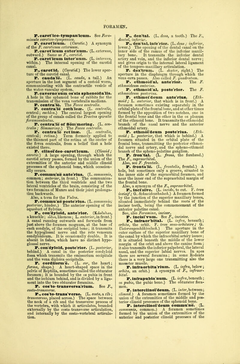 P. carot'lco-tympan'icum. See Fora- minula carotico-tympanica. P. caroticum. (Carotic.) A synonym of the F. caroticum externum. F. carot'icum exter'num. (Ja, externus, outward.) Same as F.^ carotid. r. carot'icum inter'num. (L. intermts, within.) The internal opening of the carotid canal. F., carot'ld. {Carotid.) The lower aper- ture of the carotid canal. F. cauda'le. (L. cauda, a tail.) An aperture in the last segment of a cestoid worm, communicating with the contractile vesicle of the water-vascular system. F. caverno'sum os'sls sphenoidalls. A hole in the sphenoid bone of rabbits for the transmission of the vena vertebralis mediana. F. centra'le. The Fovea centralis. F. centra'le coch'lese. (L. centralis, central; cochlea.) The central largest opening of the gi-oup of canals called the Tractus spiralis foraminulentus. F. centra'le of Som'mering-. (L. cen- tralis ; Sommering.) The Fovea centralis. F. centraie retinae. (L. centralis, central; retina.) Term formerly applied to the thinnest part of the retina at the centre of the fovea centralis, from a belief that a hole existed there. P. clinoi'deo-carot'icum. {Clinoid; carotic.) A large opening, through which the carotid artery passes, formed by the union of the extremities of the anterior and middle clinoid processes of the sphenoid bone, which occasion- ally occurs. P. commu'ne ante'rins. (L. communis, common; aw^mor, in front.) The communica- tion between the third ventricle and the two lateral ventricles of the brain, consisting of the two foramina of Munro and their joint prolonga- tion backwards. Also, a term for the Vulva. P. commu'ne poste'rius. (L. communis; posterior, hinder.) The anterior opening of the aqueduct of Sylvius. P., con'dylo'id, ante'rior. (Kdy^uXoe, a knuckle; elfios, likeness; L. anterior, in front.) A canal running outwards and forwards from just above the foramen magnum, at the base of each condyle, of the occipital bone ; it transmits the hypoglossal nerve and the rete venosum condyloideum. It is occasionally double. It is absent in fishes, which have no distinct hypo- glossal nerve. P. con'dyloid, poste'rior. (L. posterior, behind.) A canal in the posterior condyloid fossa which transmits the emissarium occipitale and the vena diploica occipitalis. P. cordlform'e. (L. cor, the heart; forma, shape.) A heart-shaped space in the pelvis of Reptilia, sometimes called the obturator foramen; it is bounded by the os pubis in front and the ischium behind, and is divided by a liga- ment into the two obturator foramina. P. cos'to-transversa'rium. See F., costO'transverse. P., cos'to-trans'verse. (L. costa, a rib ; transversus, placed across.) The space between the neck of a rib and the transverse process of the vertebra, with which it articulates, bounded externally by the costo-transverse articulation, and internally by the costo-vertebral articula- tion. P., den'tal. {L. dens, a tooth.) The i-',, dental, inferior. P., den'tal, infe'rior. (L. dens ; inferior, lower.) The opening of the dental canal on the inner side of the ramus of the inferior maxil- lary bone. It transmits the inferior dental artery and vein, and the inferior dental nerve; and gives origin to the internal lateral ligament of the tempore-maxillary articulation. P. dex'trum. (L. dexter, right.) The aperture in the diaphragm through which the vena cava passes. Also called F. quadratum. P. ethmoid'al, ante'rior. The F. ethmoideum anterius. P. etbmoid'al, poste'rior. The F. ethmoideum postcrius. P. ethmoi'deum ante'rius. {Eth- moid; L. anterior, that which is in front.) A foramen sometimes existing separately in the orbital plate of the frontal bone, and at other times formed by the apposition of two notches, one in the frontal bone and the other in the os planum of the ethmoid bone. It transmits the ethmoidal branch of the nasal nerve and the anterior ethmoidal artery. P. etbmo'i'deum poste'rius. {Eth- moid; li. posterior, Va^t which is behind.) A foramen situated in the orbital plate of the frontal bone, transmitting the posterior ethmoi- dal nerve and artery, and the spheno-ethmoid branch of the spheno-palatine ganglion. P. flron'tal. (L. frons, the forehead.) The F., supraorbital. Also, see F. frontale. P. ft'onta'le. (L. frontalis, frontal.) A hole, but sometimes only a groove, situated to the inner side of the supraorbital foramen, and near the inner end of the supraorbital margin of the frontal bone. Also, a synonym of the F., supraorbital. P., incisive. (L. incido, to cut. F. trou incisif; Q. Schyieidezahnloch.) A foramen formed by the junction of the superior maxillary bones, situated immediately behind the roots of the incisor teeth, being the commencement of the anterior palatine canal. See, also Foramina, incisor. P. incisi'vum. See F., incisive. P., infraor'bital. (L. infra, beneath ; orbita, the orbit. F. troit sous-orbitaire; G. JJnteraugenhdhlenloch.) The aperture in the outer surface of the superior maxillary bone of the canal by which the infraorbital artery issues ; it is situated beneath the middle of the lower margin of the orbit and above the canine fossa ; it also transmits the inferior palpebral, the lateral nasal, and the superior labial nerves. In apes there are several foramina ; in some Rodents there is a very large one transmitting also the masseter muscle. P. infraorbita'rium. (L. infra, below; orbita, an orbit.) A synonym of F,, infraor- bital. P. infrapubia'num. (L. infra, beneath; os pubis, the pubic bone.) The obturator fora- men. P. interclinoi'deum. (L. in^^r,between; clinoid.) A foramen sometimes formed by the union of the extremities of the middle and pos- terior clinoid processes of the sphenoid bone. P. interclinoi'deum commu'ne. (L. communis, common.) A foramen sometimes formed by the union of the extremities of the anterior and posterior clinoid processes of the