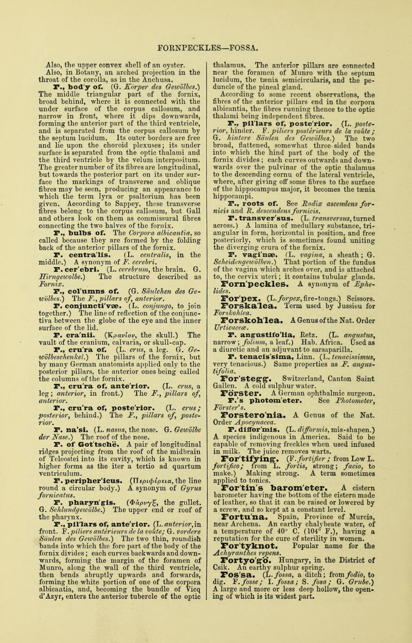 rORNPECKLES—rOS S A. Also, the upper convex shell of an oyster. Also, in Botany, an arched projection in the throat of the corolla, as in the Anchusa. r., bod'y of. (G. Korper des Gewdlhes.) The middle triangular part of the fornix, hroad behind, where it is connected with the under surface of the corpus callosum, and narrow in front, where it dips downwards, forming the anterior part of the third ventricle, and is separated from the corpus callosum by the septum lucidum. Its outer borders are free and lie upon the choroid plexuses; its under surface is separated from the optic thalami and the third ventricle by the velum interpositum. The greater number of its fibres are longitudinal, but towards the posterior part on its under sur- face the markings of transverse and oblique fibres may be seen, producing an appearance to which the term lyra or psalterium has been given. According to Sappey, these transverse fibres belong to the corpus callosum, but Gall and others look on them as commissural fibres connecting the two halves of the fornix. P., bulbs of. The Corpora albicantia, so called because they are formed by the folding back of the anterior pillars of the fornix. r. centralis. (L. centralis, in the middle.) A synonym of F. cerebri. P. cer'ebri. (L. cerebrum, the brain. G. Hirngewolbe.) The structure described as Fornix. P., corumns of. (G. Sdulchen des Ge- wblbes.) The F., pillars of, anterior. P. conjuncti'vae. (L. conjungo, to join together.) The line of reflection of the conjunc- tiva between the globe of the eye and the inner surface of the lid. P. cra'nii. (JLpaviov, the skull.) The vault of the cranium, calvaria, or skull-cap. P., cru'ra of. (L. crus, a leg. G. Ge- wblbeschenkel.) The pillars of the fornix, but by many German anatomists applied only to the posterior pillars, the anterior ones being called the columns of the fornix. P., cru'ra of, ante'rlor. (L. crus, a leg; anterior, in front.) The F., pillars of, anterior. P., cru'ra of, poste'rior. (L. crus; posterior, behind.) The F., pillars of, poste- rior. P. na'si. (L. nasus, the nose. G. Gewolhe der Nase.) The roof of the nose. P. of G-ot'tsche. A pair of longitudinal ridges projecting from the roof of the midbrain of 'Teleostei into its cavity, which is known in higher forms as the iter a tertio ad quartum ventriculum. P. peripber'icus. (Jlspicpiptia, the line round a circular body.) A synonym of Gyrus fornicatus. P. pbaryn'gris. ij^apvy^, the gullet. G. Schlundgewblbe.) The upper end or roof of the pharynx. P., pil'lars of, ante'rior. (h. anterior,\n front. F. piliers anterieurs de la voute; G. vordere Sdulen des Gewolbes.) The two thin, roundish bands into which the fore part of the body of the fornix divides; each curves backwards and down- wards, forming the margin of the foramen of Munro, along the wall of the third ventricle, then bends abruptly upwards and forwards, forming the white portion of one of the corpora albicantia, and, becoming the bundle of Vicq d'Azyr, enters the anterior tubercle of the optic thalamus. The anterior pillars are connected near the foramen of Munro with the septum lucidum, the taenia semicircularis, and the pe- duncle of the pineal gland. According to some recent observations, the fibres of the anterior pillars end in the corpora albicantia, the fibres running thence to the optic thalami being independent fibres. P., pillars of, poste'rior. (L. poste- rior, hinder. F. piliers posterieurs de la voute; G. hintere Sdulen des Gewolbes.') The two broad, flattened, somewhat three-sided bands into which the hind part of the body of the fornix divides ; each curves outwards and down- wards over the pulvinar of the optic thalamus to the descending cornu of the lateral ventricle, where, after giving off some fibres to the surface of the hippocampus major, it becomes the taenia hippocampi. P., roots of. See Radix ascendens for- nicis and R. descendens fornicis. P. transver'sus. (L. transversus, turned across.) A lamina of medullary substance, tri- angular in form, horizontal in position, and free posteriorly, which is sometimes found uniting the diverging crura of the fornix. P. vag-i'nse. (L. vagina, a sheath; G. Scheidengewolben.) That portion of the fundus of the vagina which arches over, and is attached to, the cervix uteri ; it contains tubular glands. Forn'peckles. A synonym of Ephe- lides. For'pex. (L./orp^a;, fire-tongs.) Scissors. Forskalea. Term used by Jussieu for Forskohlea. Forskoh'lea. A Genus of the Nat. Order TTrticacece. P. ang-ustifo'lla, Eetz. (L. angustus, narrow; folium, a leaf.) Hab. Africa. Used as a diuretic and an adjuvant to sarsaparilla. P. tenacls'sima, Linn. (L. tenacissimus, Yerj tenacious.) Same properties as F. angus- tifolia. For'steg'g'. Switzerland, Canton Saint Gallon. A cold sulphur water. Forster. A German ophthalmic surgeon. P.'s pbotom'eter. See Fhotometer, Forster's. Forstero'nia. A Genus of the Nat. Order Apoeynacea. P. diffor'mis. (L. difformis, mis-shapen.) A species indigenous in America. Said to be capable of removing freckles when used infused in milk. The juice removes warts. For'tifying. (^.fortifier ; from Low L. fortifco; from L. fortis, strong; facio, to make.) Making strong. A term sometimes applied to tonics. For'tin's barom'eter. A cistern barometer having the bottom of the cistern made of leather, so that it can be raised or lowered by a screw, and so kept at a constant level. Fortu'na. Spain, Province of Murcia, near Archena. An earthy chalybeate water, of a temperature of 40' C. (104° F.), having a reputation for the cure of sterility in women. For'tyknot. Popular name for the Achyranthes repens. Fortyo'g'O. Hungary, in the District of Csik. An earthy sulphur spring. Fos'sa. (L. fossa, a ditch; fromfodio, to dig. F. fosse; I. fossa; S. fosa; G. Griibe.) A lai'ge and more or less deep hollow, the open- ing of which is its widest part.