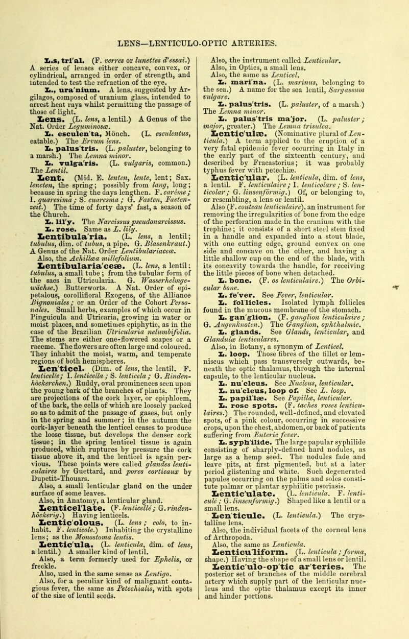 LENS—LENTICULO-OPTIC ARTERIES. JmmS, trl'al. (F. verres or lunettes d'essai.) A series of lenses either concave, convex, or cylindrical, arranged in order of strength, and intended to test the refraction of the eye. Ii., ura'nium. A lens, suggested by Ar- gilagos, composed of uranium glass, intended to arrest heat rays whilst permitting the passage of those of light. Xiens. (L. lens, a lentil.) A Genus of the Nat. Order Legmninosce. Ja, esculen'ta, Monch. (L. esculentus, eatable.) The £rvum lens. Ii. palus'tris. (L. paluster, belonging to a marsh.) The Leimia minor. Zi. vulg-a'ris. (L. vulgaris, common.) The Lentil. Zient. (Mid. E. lenten, lente, lent; Sax. lencten, the spring; possibly from lang, long; because in spring the days lengthen. Y. car erne ; I. quaresiina ; S. cuaresma ; d. Fasten, Fasten- zeit.) The time of forty days' fast, a season of the Church. Ii. lil'y. The Narcissus pseudonarcissus. la, rose. Same as L. lily. Zientibula'ria. (L. lens, a lentil; tubulus, dim. of tubus, a pipe. G. Blasenkraut.) A Genus of the Nat. Order Lentibulariacece. Also, the Achillcea millefolium. Xientibularia'ceee. (L. lens, a lentil: tubulus, a small tube ; from the tubular form of the sacs in Utricularia. G. Wasserhelmge- wdchse.) Butterworts. A Nat. Order of epi- petalous, corollifloral Exogens, of the Alliance JJignoniales; or an Order of the Cohort Ferso- nales. Small herbs, examples of which occur in Pinguicula and Utricaria, growing in water or moist places, and sometimes epiphytic, as in the case of the Brazilian Utricularia nelumbifoUa. The stems are either one-flowered scapes or a raceme. The flowers are often large and coloured. They inhabit the moist, warm, and temperate regions of both hemispheres. Xien'ticel. (Dim. of lens, the lentil. F. lenticelle; 1. lenticella ; S. lenticela ; Q.Einden- hockerchen.) Euddy, oval prominences seen upon the young bark of the branches of plants. They are projections of the cork layer, or epiphloem, of the bark, the cells of which are loosely packed so as to admit of the passage of gases, but only in the spring and summer ; in the autumn the cork-layer beneath the lenticel ceases to produce the loose tissue, but develops the denser cork tissue; in the spring lenticel tissue is again produced, which ruptures by pressure the cork tissue above it, and the lenticel is again per- vious. These points were called glandes lenti- culaires by Guettard, and pores corticaux by Dupetit-Thouars. Also, a small lenticular gland on the under surface of some leaves. Also, in Anatomy, a lenticular gland. Iienticellate. {Y. lenticelle ; G.rinden- hockerig.) Having lenticels. Zientic'olous. (L. lens ; colo, to in- habit. F. lenticole.) Inhabiting the crystalline lens; as the Mo)iostoma lentis. Xientic'ula. (L. lenticula, dim. of lens, a lentil.) A smaller kind of lentil. Also, a term formerly used for Fphelis, or freckle. Also, used in the same sense as Lentigo. Also, for a peculiar kind of malignant conta- gious fever, the same as Fetechialis, with spots of the size of lentil seeds. Also, the instrument called Lenticular. Also, in Optics, a small lens. Also, the same as Lenticel. Ii. marina. (L. marinus, belonging to the sea.) A name for the sea lentil, iSuryassiun vulgare. Ii. palus'tris. (L. paluster, of a marah.) The Lemna minor. Ii. palus'tris ma'jor. (L. paluster; major, greater.) The Lemna trisulca. iLentic'ulaB. (Nominative plural of Zm- ticula.) A term applied to the eruption of a very fatal epidemic fever occurring in Italy in the early part of the sixteenth century, and described by Fracastorius; it was probably typhus fever with petechise. Xientic'ular. (L. lenticula, dim. of lens, a lentil. F. lenticulaire; I. Imticolare ; S. len- ticolar; G. linsenfdrmig.) Of, or belonging to, or resembling, a lens or lentil. Also (F. couteau lenticulaire), an instrument for removing the irregularities of bone from the edge of the perforation made in the cranium with the trephine; it consists of a short steel stem fixed in a handle and expanded into a stout blade, with one cutting edge, ground convex on one side and concave on the other, and having a little shallow cup on the end of the blade, with its concavity towards the handle, for receiving the little pieces of bone when detached. Ii. bone. (F. os loiticulaire.) The Orbi- cular bone. Ii. fe'ver. See Fever, lenticular. Ii. follicles. Isolated lymph follicles found in the mucous membrane of the stomach. Ii. g'an'grlion. (F. ganglion lenticulaire ; G. Augenknottn.) The Ganglion, ophthalmic. Ii. g-lands. See Glands, lenticular^ and Glandulce lenticulares. Also, in Botany, a synonym of Lenticel. Ii. loop. Those fibres of the fillet or lem- niscus which pass transversely outwards, be- neath the optic thalamus, through the internal capsule, to the lenticular nucleus. Ii. nu'cleus. See Nucleus, lenticular, Ii. nu'cleus, loop of. See L. loop. Ii. papil'lse. See Papillce, lenticular. Ii. rose spots. (F. taches roses lenticu- laires.) The rounded, well-defined, and elevated spots, of a pink colour, occurring in successive crops, upon the chest, abdomen, or back of patients suflering from Enteric fever. Ii. syph'ilide. The large papular syphilide consisting of sharply-defined hard nodules, as large as a hemp seed. The nodules fade and leave pits, at first pigmented, but at a later period glistening and white. Such degenerated papules occurring on the palms and soles consti- tute palmar or plantar syphilitic psoriasis. Xientic'lllate. (L. lenticula. F. lenti- cule ; G. linsenformig.) Shaped like a lentil or a small lens. Iien'ticule. (L. lenticula.) The crys- talline lens. Also, the individual facets of the corneal lens of Arthropoda. Also, the same as Lenticula. Zienticu'liform. (L. lenticula ; forma, shape.) Having the shape of a small lens or lentil. Zientic'ulo-op'tic ar'teries. The posterior set of branches of the middle cerebral artery which supply part of the lenticular nuc- leus and the optic thalamus except its inner and hinder portions.