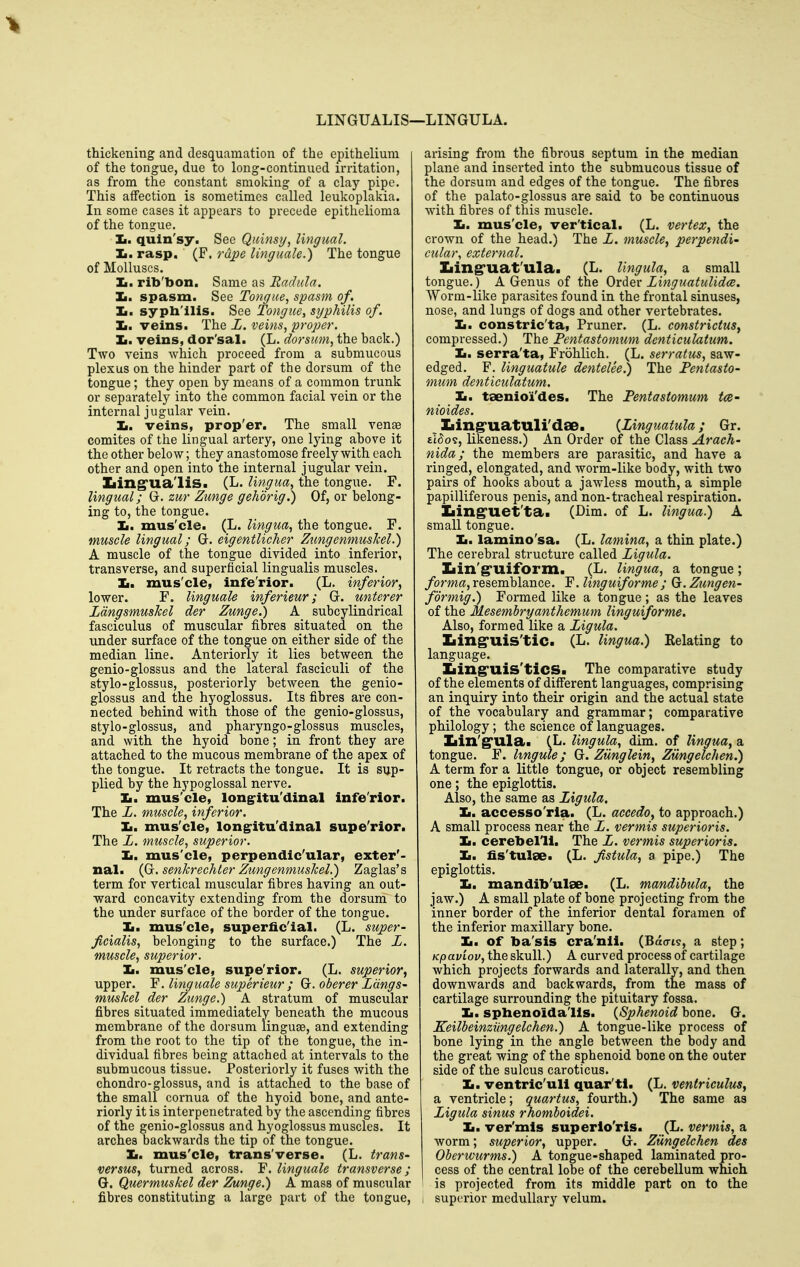LINGUALIS—LINGULA. thickening and desquamation of the epithelium of the tongue, due to long-continued irritation, as from the constant smoking of a clay pipe. This affection is sometimes called leukoplakia. In some cases it appears to precede epithelioma of the tongue. Ii. quin'sy. See Quinsy, lingual. Zi. rasp. (F. rape Imguale.) The tongue of Molluscs. Ii. rib'bon. Same as Radula. Ii. spasm. See Tongue, spasm of, Ii. syph'ilis. See Tongue, syphilis of. Ii. veins. The L. veins, proper. J»M veins, dor'sal. (L. dorsum, the back.) Two veins which proceed from a submucous plexus on the hinder part of the dorsum of the tongue; they open by means of a common trunk or separately into the common facial vein or the internal jugular vein. Ii. veins, prop'er. The small vense comites of the lingual artery, one lying above it the other below; they anastomose freely with each other and open into the internal jugular vein. Xiing'ua'liSi (L. lingua, the tongue. F. lingual; G. zur Zunge gehdrig.) Of, or belong- ing to, the tongue. Ii. mus'cle. (L. lingua, the tongue. F. muscle lingual; G. eigentlicher Ztmgenmuskel.) A muscle of the tongue divided into inferior, transverse, and superficial lingualis muscles. Ii. mus'cle, infe'rior. (L. inferior, lower. F. linguale inferieur; G. unterer Ldngsmuskel der Zunge.) A subcylindrical fasciculus of muscular fibres situated on the under surface of the tongue on either side of the median line. Anteriorly it lies between the genio-glossus and the lateral fasciculi of the stylo-glossus, posteriorly between the genio- glossus and the hyoglossus. Its fibres are con- nected behind with those of the genio-glossus, stylo-glossus, and pharyngo-glossus muscles, and with the hyoid bone; in front they are attached to the mucous membrane of the apex of the tongue. It retracts the tongue. It is sup- plied by the hypoglossal nerve. Ii. mus'cle, long^itu'dinal infe'rior. The L. muscle, inferior. Ii. mus'cle, lon^itu'dinal supe'rior. The L. muscle, superior. Ii. mus'cle, perpendic'ular, exter'- nal. {(j. senkrechter Zungenmuskel.) Zaglas's term for vertical muscular fibres having an out- ward concavity extending from the dorsum to the under surface of the border of the tongue. Ii. mus'cle, superfic'ial. (L. super- feialis, belonging to the surface.) The Z. muscle, superior. Ii. mus'cle, supe'rior. (L. superior, upper. F. linguale superieur ; G. oberer LdngS' muskel der Zunge.) A stratum of muscular fibres situated immediately beneath the mucous membrane of the dorsum linguee, and extending from the root to the tip of the tongue, the in- dividual fibres being attached at intervals to the submucous tissue. Posteriorly it fuses with the chondro-glossus, and is attached to the base of the small cornua of the hyoid bone, and ante- riorly it is interpenetrated by the ascending fibres of the genio-glossus and hyoglossus muscles. It arches backwards the tip of the tongue. IL. mus'cle, trans verse. (L. trans- versus, turned across. F. linguale transverse; G. Quermuskel der Zunge.) A mass of muscular fibres constituting a large part of the tongue. arising from the fibrous septum in the median plane and inserted into the submucous tissue of the dorsum and edges of the tongue. The fibres of the palato-glossus are said to be continuous with fibres of this muscle. Ii. mus'cle, ver'tical. (L. vertex, the crown of the head.) The L. muscle, petpendi- cular, external. Ziing'Uat'ula. (L. Ungula, a small tongue.) A Genus of the Order Zinguatulidce. Worm-like parasites found in the frontal sinuses, nose, and lungs of dogs and other vertebrates. Ii. constric'ta, Pruner. (L. constrictus, compressed.) The Pentastomum dcnticulatutn. Ii. serra'ta, Frohlich. (L. serratus, saw- edged. F. linguatule dentelee.) The Pentasto- mum denticulatum. Ii. taenio'i'des. The Pentastomum tee- nioides. Ziing'uatuli'dae. {Linguatula; Gr. £i5o?, likeness.) An Order of the Class Arach- nida; the members are parasitic, and have a ringed, elongated, and worm-like body, with two pairs of hooks about a jawless mouth, a simple papilliferous penis, and non-tracheal respiration. Iiing-uet'ta. (Dim. of L. lingua.) A small tongue. Ii. lamino'sa. (L. lamina, a thin plate.) The cerebral structure called Ligula. Iiin'g'Uiform. (L. lingua, a tongue; forma, resemblance. F. linguiforme ; G. Zungen- formig.) Formed like a tongue; as the leaves of the Mesembryanthemum linguiforme. Also, formed like a Ligula. Ziing-uis'tic. (L. lingua.) Relating to language. Iiing'Uis'ticS. The comparative study of the elements of different languages, comprising an inquiry into their origin and the actual state of the vocabulary and grammar; comparative philology; the science of languages. Iiin'g'Ula. (L. Ungula, dim. of lingua, a tongue. F. hngule; G. Ziinglein, Zilngelchen.) A term for a little tongue, or object resembling one; the epiglottis. Also, the same as Ligula, Ii. accesso'ria. (L. accede, to approach.) A small process near the L. vermis superioris. Ii. cerebelli. The L. vermis superioris. Ii. fis'tulae. (L. fistula, a pipe.) The epiglottis. J*, mandib'ulae. (L. mandibula, the jaw.) A small plate of bone projecting from the inner border of the inferior dental foramen of the inferior maxillary bone. Ii. of ba'sis cra'nii. (6a(7t9, a step; Kpaviov, the skull.) A curved process of cartilage which projects forwards and laterally, and then downwards and backwards, from the mass of cartilage surrounding the pituitary fossa. Ii. sphenoida'lls. (^Sphenoid bone. G. Keilbeinziingelchen.) A tongue-like process of bone lying in the angle between the body and the great wing of the sphenoid bone on the outer side of the sulcus caroticus. Ii. ventric'uli quar'tl. (L. ventriculus, a ventricle; quartus, fourth.) The same as Ligula sinus rhomboidei. Ii. ver'mis superio'ris. (L. vermis, a worm; superior, upper. G. Zilngelchen des Oberwurms.) A tongue-shaped laminated pro- cess of the central lobe of the cerebellum which is projected from its middle part on to the I superior medullary velum.