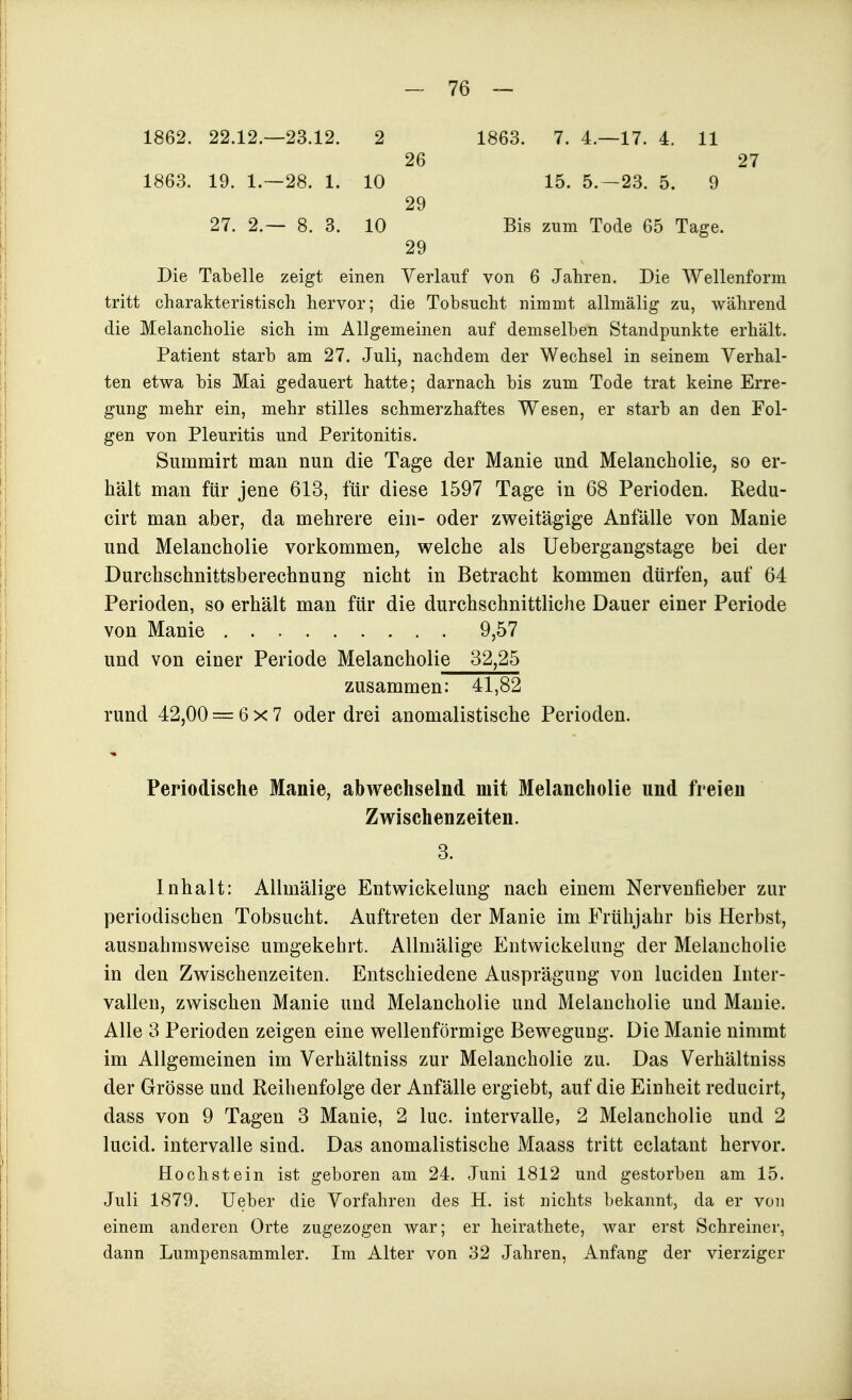 1862. 22.12.—23.12. 2 1863. 7. 4.— 17. 4. 11 26 27 1863. 19. 1.—28. 1. 10 15. 5.-23. 5. 9 29 27. 2.— 8. 3. 10 Bis zum Tode 65 Tage. 29 Die Tabelle zeigt einen Verlauf von 6 Jahren. Die Wellenform tritt charakteristisch hervor; die Tobsucht nimmt allmälig zu, während die Melancholie sich im Allgemeinen auf demselben Standpunkte erhält. Patient starb am 27. Juli, nachdem der Wechsel in seinem Verhal- ten etwa bis Mai gedauert hatte; darnach bis zum Tode trat keine Erre- gung mehr ein, mehr stilles schmerzhaftes Wesen, er starb an den Fol- gen von Pleuritis und Peritonitis. Summirt man nun die Tage der Manie und Melancholie, so er- hält man für jene 613, für diese 1597 Tage in 68 Perioden. Redu- cirt man aber, da mehrere ein- oder zweitägige Anfälle von Manie und Melancholie vorkommen, welche als Uebergangstage bei der Durchschnittsberechnung nicht in Betracht kommen dürfen, auf 64 Perioden, so erhält man für die durchschnittliche Dauer einer Periode von Manie 9,57 und von einer Periode Melancholie 32,25 zusammen: 41,82 rund 42,00 = 6x7 oder drei anomalistische Perioden. Periodische Manie, abwechselnd mit Melancholie und freien Zwischenzeiten. 3. Inhalt: AUmälige Entwickelung nach einem Nervenfieber zur periodischen Tobsucht. Auftreten der Manie im Frühjahr bis Herbst, ausnahmsweise umgekehrt. AUmälige Entwickelung der Melancholie in den Zwischenzeiten. Entschiedene Ausprägung von lucideu Inter- vallen, zwischen Manie und Melancholie und Melancholie und Manie. Alle 3 Perioden zeigen eine wellenförmige Bewegung. Die Manie nimmt im Allgemeinen im Verhältniss zur Melancholie zu. Das Verhältniss der Grösse und Reihenfolge der Anfälle ergiebt, auf die Einheit reducirt, dass von 9 Tagen 3 Manie, 2 lue. intervalle, 2 Melancholie und 2 lucid. intervalle sind. Das anomalistische Maass tritt eclatant hervor. Höchst ein ist geboren am 24. Juni 1812 und gestorben am 15. Juli 1879. Ueber die Vorfahren des H. ist nichts bekannt, da er von einem anderen Orte zugezogen war; er heirathete, war erst Schreiner, dann Lumpensammler. Im Alter von 32 Jahren, Anfang der vierziger