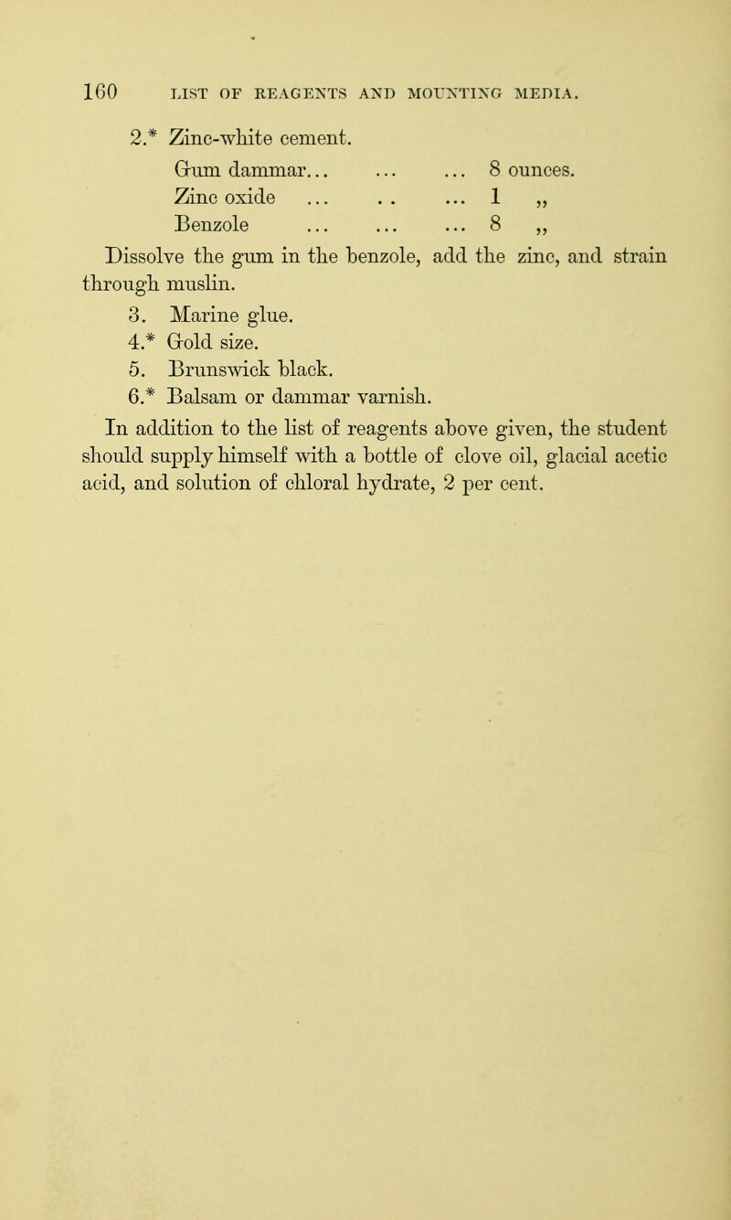 2.* Zinc-white cement. Griim dammar... Zinc oxide Benzole 8 ounces. Dissolve the gum in the benzole, add the zinc, and strain through muslin. 3. Marine glue. 4. * Grold size. 5. Brunswick black. 6. * Balsam or dammar varnish. In addition to the list of reagents above given, the student should supply himself with a bottle of clove oil, glacial acetic acid, and solution of chloral hydrate, 2 per cent.