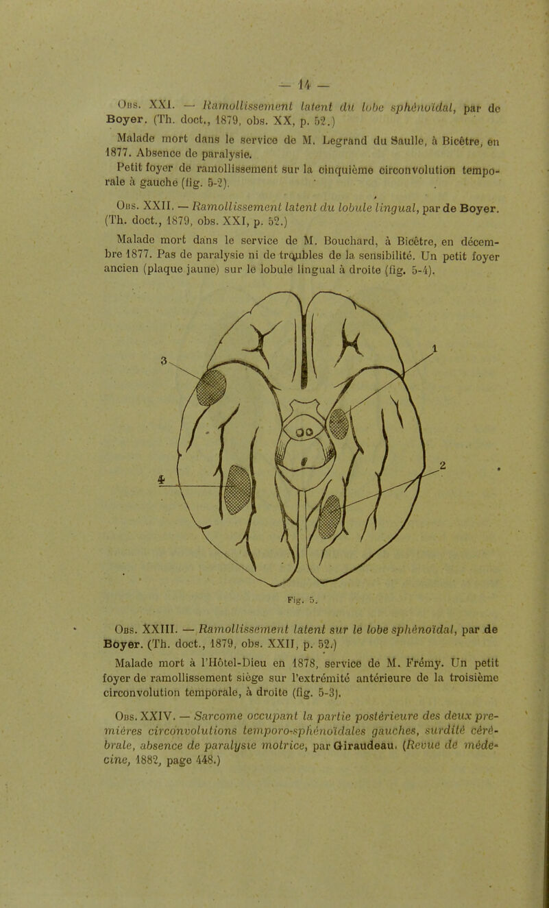 Oi)s. XXI. — HamollissemenL latent du lobe sphéiiuidaL, par de Boyer. (Th. doot., 1879, obs. XX, p. 52.) Malade mort dans le service de M. Legrand du Saulle, à Bicêtre, en 1877. Absence de paralysie. Petit foyer de ramollissement sur la cinquième circonvolution tempo- rale cà gauche (fig. 5-2). â Ous. XXII. — Ramollissement latent du lobule lingual, par de Boyer. (Th. doct., 1879, obs. XXI, p. 52.) Malade mort dans le service de M, Bouchard, à Bicêtre, en décem- bre 1877. Pas de paralysie ni de trembles de la sensibilité. Un petit foyer ancien (plaque jaune) sur le lobule lingual à droite (fig. 5-4). Obs. XXIII. — Ramollissement latent sur le lobe sphènoïdal, par de Boyer. (Th. doct., 1879, obs. XXII, p. 52.) Malade mort à l'Hôtel-Dieu en 1878, service de M. Frémy. Un petit foyer de ramollissement siège sur l'extrémité antérieure de la troisième circonvolution temporale, à droite (fig. 5-3). Obs. XXIV. — Sarcome occupant la partie postérieure des deux pre- mières circonvolutions temporo-spliôno'idales gauches, surdité céré- brale, absence de paralysie motrice, par Giraudeau. {Revue de îîiéde- due, 1882, page 448.) 2