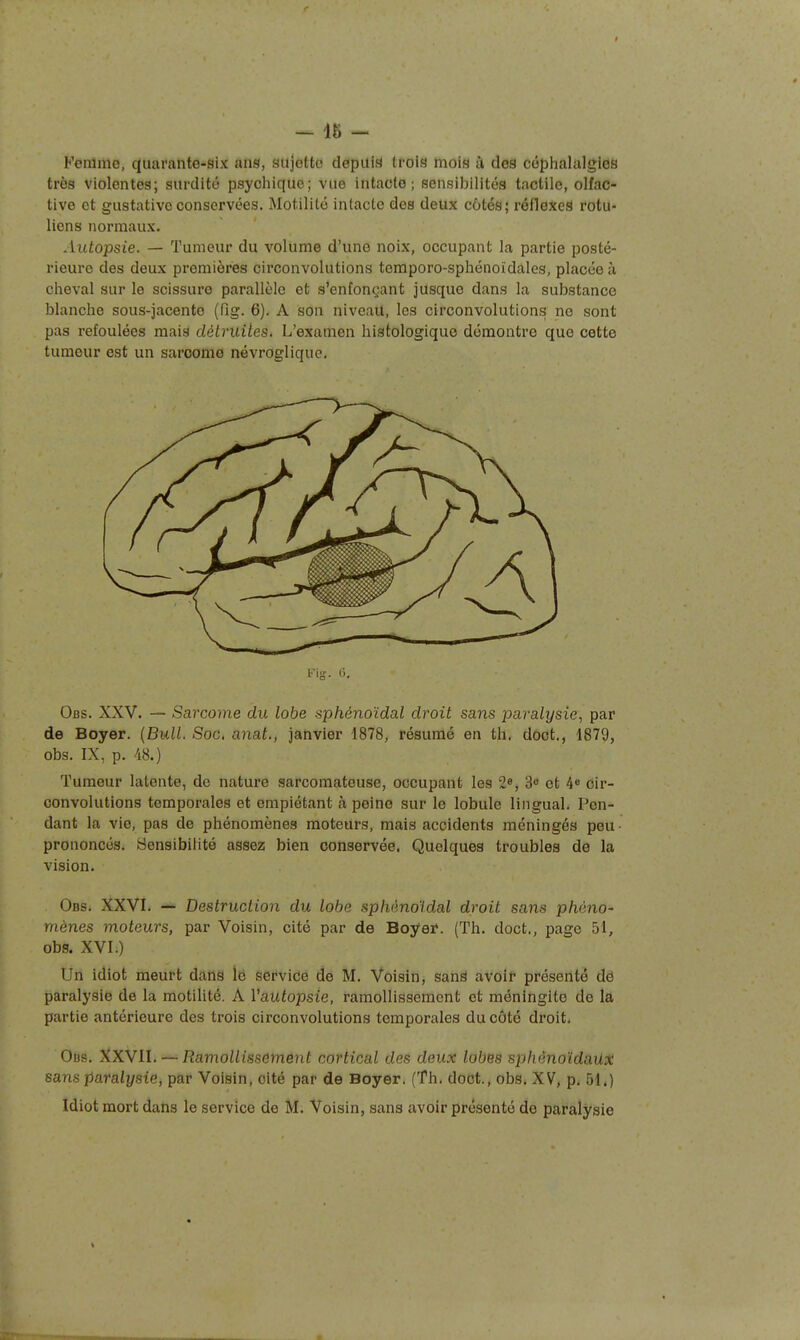 - 45 - Fenimo, quarante-six ans, sujette depuis Irois mois à des céphalalgies très violentes; surdité psychique; vue intacte; sensibilités tactile, olfac- tive et gustative conservées. Motilité intacte des deux côtés; réflexes rotu- liens normaux. Autopsie. — Tumeur du volume d'une noix, occupant la partie posté- rieure des deux premières circonvolutions temporo-sphénoïdalos, placée à cheval sur le scissure parallèle et s'enfonçant jusque dans la substance blanche sous-jacente (fig. 6). A son niveaU, les circonvolutions no sont pas refoulées mais détruites. L'examen histologique démontre que cette tumeur est un sarcome névroglique. Obs. XXV. — Sarcome du lobe sphénoïdal droit sans paralysie^ par de Boyer. {Bull. Soc. anat., janvier 1878, résumé en th, doct., 1879, obs. IX, p. /i8.) Tumeur latente, de nature sarcomateuse, occupant les 2«, S et 4^ Cir- convolutions temporales et empiétant à peine sur le lobule lingual. Pen- dant la vie, pas de phénomènes moteurs, mais accidents méningés peu ■ prononcés. Sensibilité assez bien conservée. Quelques troubles de la vision. Obs. XXVI. — Destruction du lobe sphèno'idal droit sans phôno' mènes moteurs, par Voisin, cité par de Boyeï. (Th. doct., page 51, obs. XVI.) Un idiot meurt dans lé sëi'vidé de M. Voisin, sanâ avoir présenté de paralysie de la motilité. A l'autopsie, ramollissement et méningite de la partie antérieure des trois circonvolutions temporales du côté droit» Ous. XXVU. — Ravwllissement cortical des deux lobes sphênoïdaUX sans paralysie, par Voisin, cité par de Boyer. (Th. doct., obs. XV, p. 51.) Idiot mort dans le service de M. Voisin, sans avoir présenté de paralysie