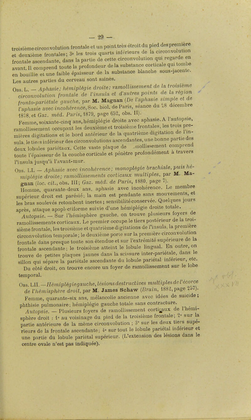 troisième circo.wolution frontale et un point très étroit du pied ^^^^^^^^^ et deuxième frontales; 3» les trois quarts inférieurs de la crconvolut.on frontale ascendante, dans la partie de cette circonvolution qu. regarde en avant II comprend toute la profondeur de la substance corticale qu. tombe en bouillie et une faible épaisseur de la substance blanche sous-]acente. Les autres parties du cerveau sont saines. Obs L - Aphasie; hémiplégie droite; ramollissement de la troisième circonvolution frontale de Vinsula et d'autres points de la région - fronto-pariétale gauche, par M. Magnan (De Vaphasie simple et de Vaphasie avec incohérence, Qoc. biol. de Paris, séance du .8 décembre 1878 et Gaz. mèd. Paris, 1879, page 652, obs. II). Femme, soixante-cinq ans, hémiplégie droite avec aphasie. A l'autopsie, ramollissement occupant les deuxième et troisième frontales, les trois pre- mières digitations et le bord antérieur de la quatrième digitation de 1 in- sula le tiers inférieur des circonvolutions ascendantes, une bonne partie des deux lobules pariétaux. Cette vaste plaque de .moUissement comprend toute l'épaisseur de la couche corticale et pénètre profondément a travers l'insula jusqu'à l'avant-mur. Ods. LI. - Aphasie avec incohérence; monoplégie brachiale, puis hé- miplégie droite; ramollissements corticaux multiples, par M. Ma- gnan {loc. cit., obs. III; Gaz. méd. de Paris, 1880. page 7). Homme, quarante-deux ans, aphasie avec incohérence. Le membre supérieur droit est parésié; la main est pendante sans mouvements, et les bras soulevés retombent inertes ; sensibilité conservée. Quelques jours après, attaque apopl. ctiforme suivie d'une hémiplégie droite totale. Autopsie. - Sur l'hémisphère gauche, on trouve plusieurs foyers de ramollissements corticaux. Le premier occupe le tiers postérieur de la troi- sième frontale, les troisième et quatrième digitations de l'insula, la première circonvolution temporale; le deuxième porte sur la première circonvolution frontale dans presque toute son étendue et sur l'extrémité supérieure de la frontale ascendante; le troisième atteint le lobule lingual. En outre, on trouve de petites plaques jaunes dans la scissure inter-pariétale, dans le sillon qui sépare la pariétale ascendante du lobule pariétal inférieur, etc. Du côté droit, on trouve encore un foyer de ramollissement sur le lobe temporal. Obs. lu:—Hémiplégie gauche, lésions destructives midtiplesdel'écorce de l'hémisphère droit, par M. James Schaw {Brain, 1882, page 2u7). Femme, quarante-six ans, mélancolie ancienne avec idées de suicide ; phthisie pulmonaire; hémiplégie gauche totale sans contracture. ^ Autopsie. — Plusieurs foyers de ramollissement corticaux de 1 hémi- sphère droit : 1» au voisinage du pied de la troisième frontale; 2» sur la partie antérieure de la même circonvolution ; 3° sur les deux tiers supé- rieurs de la frontale ascendante; 4° surtout le lobule pariétal inférieur et une partie du' lobule pariétal supérieur. (L'extension des lésions dans le centre ovale n'est pas indiquée).