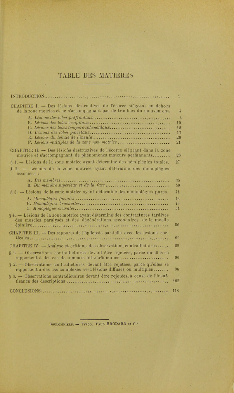 TABLE DES MATIÈRES INTRODUCTION CHAPITRE I. — Des lésions destructives de l'écorce siégeatit en deliors de la zone motrice et ne s'accompagnant pas de troubles du mouvement. A. Lésions des lobes pré frontaux B. Lésions des lobes occipitaux C. Lésions des lobes temporo-sphénoïdaux D. Lésions des lobes pariétaux E. Lésions du lobule de l'insula 20 F. Lésions multiples de la zone non motrice 21 CHAPITRE II. — Des lésions destructives de l'écorce siégeant dans la zone motrice et s'accompagnant de phénomènes moteurs permanents 26 § 1. — Lésions de la zone motrice ayant déterminé des hémiplégies totales. 27 § 2. — Lésions de la zone motrice ayant déterminé des monoplégies associées : A. Des membres 35 B. Du membre supérieur et de la face 40 § 3. — Lésions de la zone motrice ayant déterminé des monoplégies pures. 41 A. Monoplégies faciales 43 B. Monoplégies brachiales ; 46 C. Monoplégies crurales , 51 §4. — Lésions de la zone motrice ayant déterminé des contractures tardives des muscles paralysés et des dégénérations secondaires de la moelle épiniëre 56 CHAPITRE III. — Des rapports de l'épilepsie partielle avec les lésions cor- ticales... ^ • 60 CHAPITRE IV. — Analyse et critique des observations, contradictoires 89 § 1. — Observations contradictoires devant être rejetées, parce qu'elles se rapportent à des cas de tumeurs intracrâniennes 90 § 2. — Observations contradictoires devant être rejetées, parce qu'elles se rapportent à des cas complexes aveclésions diffuses ou multiples 96 §3. — Observations contradictoires devant être rejetées, à cause de l'insuf- fisance des descriptions 102 CONCLUSIONS 118 CooLOMMiïRS. — Typoo. Paul BRODARD et C»