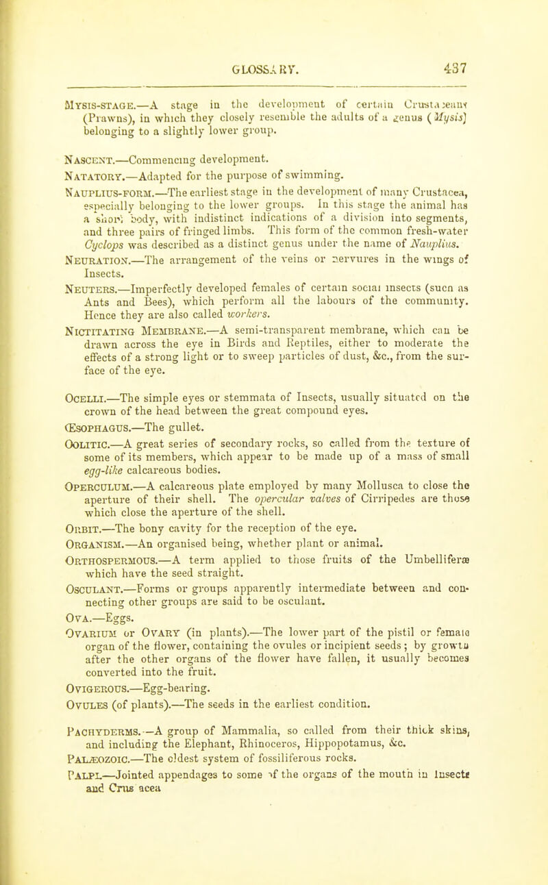 Mysis-STAGE.—A stage ia tlie devcloiimcnt of ctjrtiiiu Crustajeaut (Prawns), in which they closely resoiiible the adults of a ^euus {Mysis'} beloDging to a slightly lower group. Nascent.—Commencing development. Natatory.—Adapted for the purpose of swimming. Nauplius-form.—^-The earliest stage in the development of many Crustacea, especially belonging to the lower groups. In this stage the animal has a sliori body, with indistinct indications of a division into segments, and three pairs of fringed limbs. This form of the common fresh-water Cyclops was described as a distinct genus under the name of Nauplius. Neuration.—The arrangement of the veins or nervures in the wings of Insects. Neuters.—Imperfectly developed females of certain social insects (sucn as Ants and Bees), which perform all the labours of the community. Honce they are also called workers. Nictitating Membrane.—A semi-transparent membrane, which can be drawn across the eye in Birds and Reptiles, either to moderate the effects of a strong light or to sweep particles of dust, &c., from the sur- face of the eye. Ocelli.—The simple eyes or stemmata of Insects, usually situated on tiie crown of the head between the great compound eyes. (Esophagus.—The gullet. Oolitic.—A great series of secondary rocks, so called from the texture of some of its members, which appear to be made up of a mass of small egg-like calcareous bodies. Operculum.—A calcareous plate employed by many MoUusca to close the aperture of their shell. The opercular valves of Cirripedes are those which close the aperture of the shell. OuBiT.—The bony cavity for the reception of the eye. Organism.—An organised being, whether plant or animal. Orthospermous.—A term applied to those fruits of the UmbellifersB which have the seed straight. Osculant.—Forms or groups apparently intermediate between and con- necting other groups are said to be osculant. Ova.—Eggs. Ovarium or Ovary (in plants).—The lower part of the pistil or femaia organ of the flower, containing the ovules or incipient seeds ; by growlu after the other organs of the flower have fallen, it usually becomes converted into the fruit. Ovigerous.—Egg-bearing. Ovules (of plants).—^The seeds in the earliest condition. Pachyderms.—A group of Mammalia, so called from their thick skinSj and including the Elephant, Rhinoceros, Hippopotamus, &c. Paleozoic.—The oldest system of fossiliferous rocks. Palpl—Jointed appendages to some >f the organs of the mouth in lusecte and Cnis acea