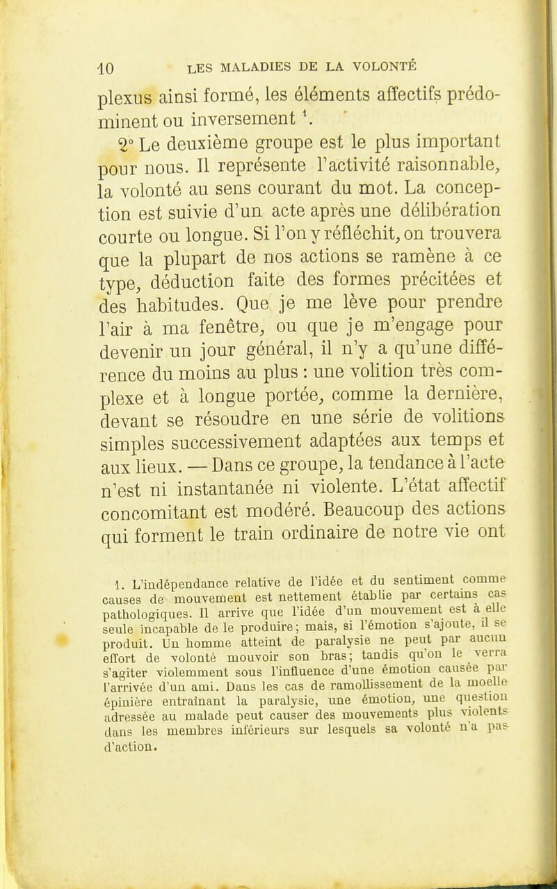 plexus ainsi formé, les éléments affectifs prédo- minent ou inversement 2° Le deuxième groupe est le plus important pour nous. Il représente Tactivité raisonnable, la volonté au sens courant du mot. La concep- tion est suivie d'un acte après une délibération courte ou longue. Si Tony réfléchit, on trouvera que la plupart de nos actions se ramène à ce type, déduction faite des formes précitées et des habitudes. Que je me lève pour prendre l'air à ma fenêtre, ou que je m'engage pour devenir un jour général, il n'y a qu'une diffé- rence du moins au plus : une volition très com- plexe et à longue portée, comme la dernière, devant se résoudre en une série de volitions simples successivement adaptées aux temps et aux lieux. — Dans ce groupe, la tendance à l'acte n'est ni instantanée ni violente. L'état affectif concomitant est modéré. Beaucoup des actions qui forment le train ordinaire de notre vie ont 1. L'indépendance relative de l'idée et du sentiment comme causes de mouvement est nettement établie par certains cas pathologiques. Il arrive que l'idée d'un mouvement est à eUe seule incapable de le produire; mais, si l'émotion s'ajoute, il se produit. Un homme atteint de paralysie ne peut par aucun effort de volonté mouvoir son bras; tandis qu'on le verra s'agiter violemment sous Tinfluence d'une émotion causée par rarrivée d'un ami. Dans les cas de ramollissement de la moelle épinière entraînant la paralysie, une émotion, une question adressée au malade peut causer des mouvements plus violents dans les membres inférieurs sur lesquels sa volonté n'a pas d'action.