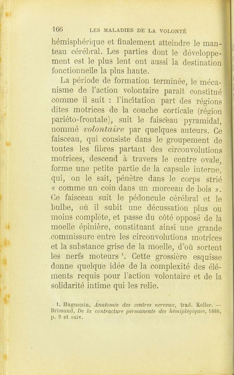 hémisphérique et finalement atteindre le man- teau cérébral. Les parties dont le développe- ment est le plus lent ont aussi la destination fonctionnelle la plus haute. La période de formation terminée, le méca- nisme de l'action volontaire paraît constitué comme il suit : Tincitation part des régions dites motrices de la couche corticale (région pariéto-frontale), suit le faisceau pyramidal, nommé volontaire par quelques auteurs. Ce faisceau, qui consiste dans le groupement de toutes les fibres partant des circonvolutions motrices, descend à travers le centre ovale, forme une petite partie de la capsule interne, qui, on le sait, pénètre dans le corps strié « comme un coin dans un morceau de bois ». Ce faisceau suit le pédoncule cérébral et le bulbe, où il subit une décussation plus ou moins complète, et passe du côté opposé de la moelle épinière, constituant ainsi une grande .commissure entre les circonvolutions motrices et la substance grise de la moelle, d'où sortent les nerfs moteurs \ Cette grossière esquisse donne quelque idée de la complexité des élé- ments requis pour Taction volontaire et de la solidarité intime qui les relie. 1. Huguenia, Anatomie des centres nerveux, trad. Keller. — Brissaud, De la contracture jjermanente des hémiplégiques, 1880, p. 9 et saiv.