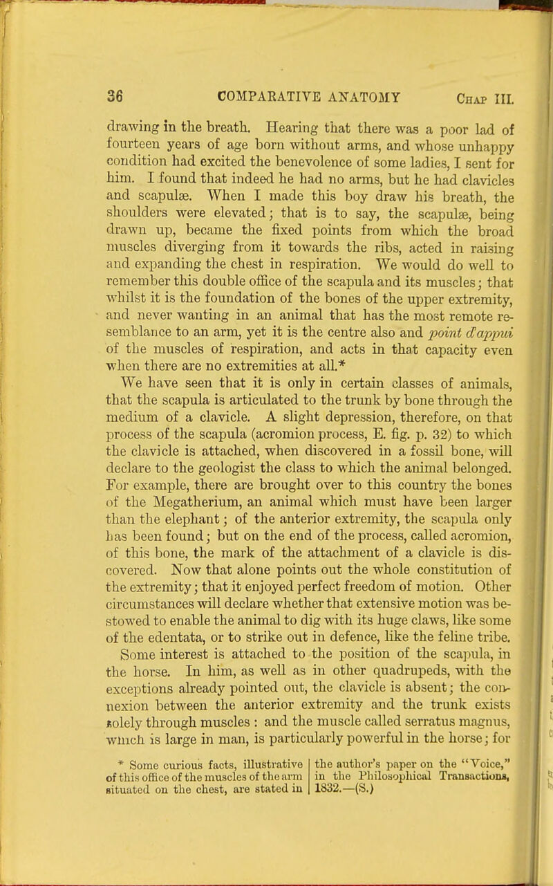 drawing in tlie breath. Hearing tliat there was a poor lad of fourteen years of age born without arms, and whose unhappy condition had excited the benevolence of some ladies, I sent for him. I found that indeed he had no arms, but he had clavicles and scapulae. When I made this boy draw his breath, the shoulders were elevated; that is to say, the scapulae, being drawn up, became the fixed points from which the broad muscles diverging from it towards the ribs, acted in raising and expanding the chest in respiration. We would do well to remember this double office of the scapula and its muscles; that whilst it is the foundation of the bones of the upper extremity, and never wanting in an animal that has the most remote re- semblance to an arm, yet it is the centre also and point dapjmi of the muscles of respiration, and acts in that capacity even when there are no extremities at all.* We have seen that it is only in certain classes of animals, that the scapula is articulated to the trunk by bone through the medium of a clavicle. A slight depression, therefore, on that process of the scapula (acromion process, E. fig. p. 32) to which the clavicle is attached, when discovered in a fossil bone, will declare to the geologist the class to which the animal belonged. For example, there are brought over to this country the bones of the Megatherium, an animal which must have been larger than the elephant; of the anterior extremity, the scapula only has been found; but on the end of the process, called acromion, of this bone, the mark of the attachment of a clavicle is dis- covered. Now that alone points out the whole constitution of the extremity; that it enjoyed perfect freedom of motion. Other circumstances will declare whether that extensive motion was be- stowed to enable the animal to dig with its huge claws, like some of the edentata, or to strike out in defence, Hke the feline tribe. Some interest is attached to the position of the sca]3ula, in the horse. In him, as well as in other quadrupeds, with the exceptions already pointed out, the clavicle is absent; the coiv nexion between the anterior extremity and the trunk exists Kolely through muscles : and the muscle called serratus magnus, wnicli is large in man, is particularly powerful in the horse; for * Some curious facts, illustrative of this office of the muscles of the arm situated on the chest, aie stated in the author's paper on the Voice, in the Philosophical Transactions, 1832.—(S.)
