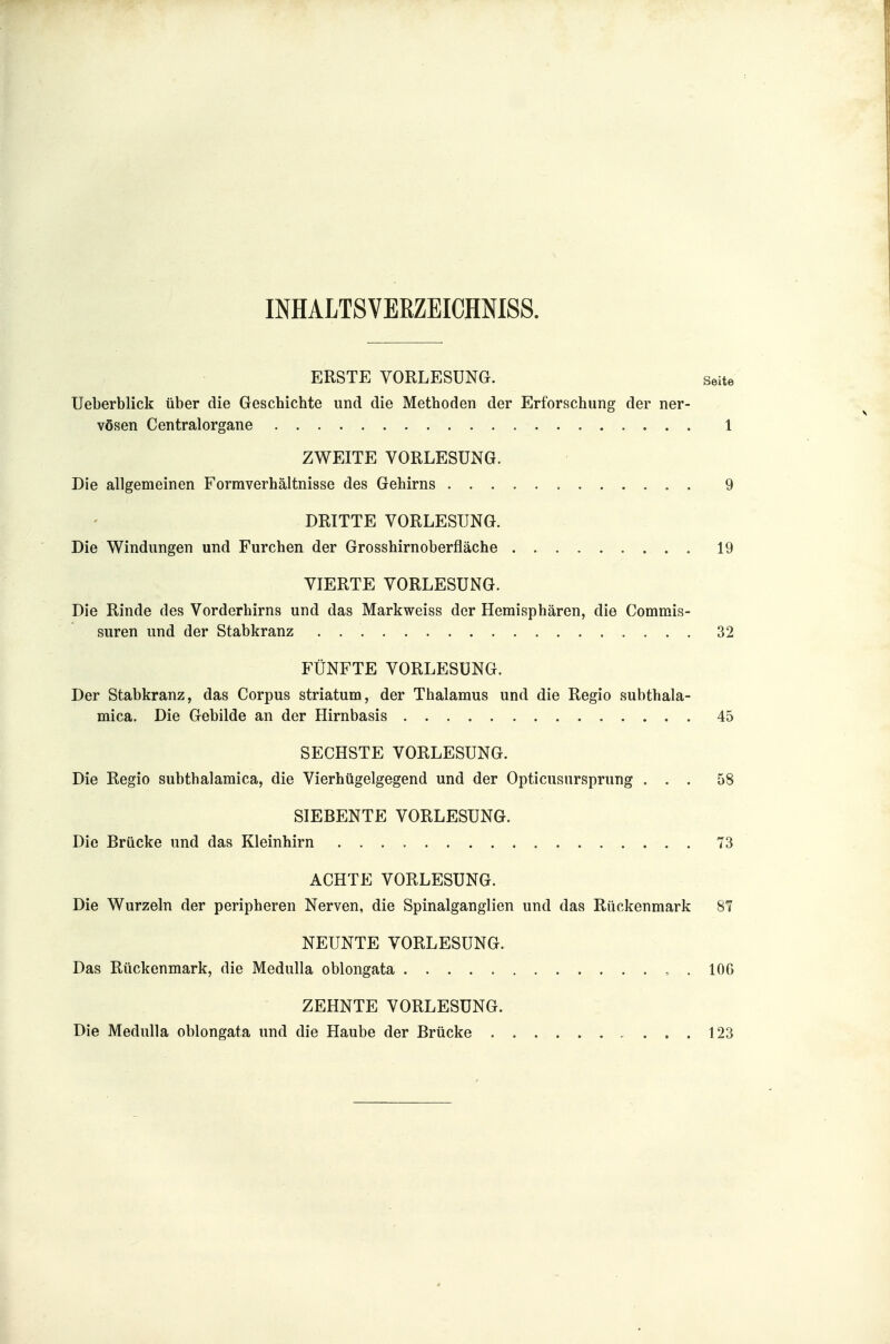 INHALTSVERZEICHNISS. ERSTE VORLESUNG. Seite Ueberblick über die Geschichte und die Methoden der Erforschung der ner- vösen Centraiorgane 1 ZWEITE VORLESUNG. Die allgemeinen Forraverhältnisse des Gehirns 9 DRITTE VORLESUNG. Die Windungen und Furchen der Grosshirnoberfläche 19 VIERTE VORLESUNG. Die Rinde des Vorderhirns und das Markweiss der Hemisphären, die Commis- suren und der Stabkranz 32 FÜNFTE VORLESUNG. Der Stabkranz, das Corpus striatum, der Thalamus und die Regio subthala- mica. Die Gebilde an der Hirnbasis 45 SECHSTE VORLESUNG. Die Regio subthalamica, die Vierhügelgegend und der Opticusursprung ... 58 SIEBENTE VORLESUNG. Die Brücke und das Kleinhirn 73 ACHTE VORLESUNG. Die Wurzeln der peripheren Nerven, die Spinalganglien und das Rückenmark 87 NEUNTE VORLESUNG. Das Rückenmark, die Medulla oblongata , . lOG ZEHNTE VORLESUNG. Die Medulla oblongata und die Haube der Brücke 123