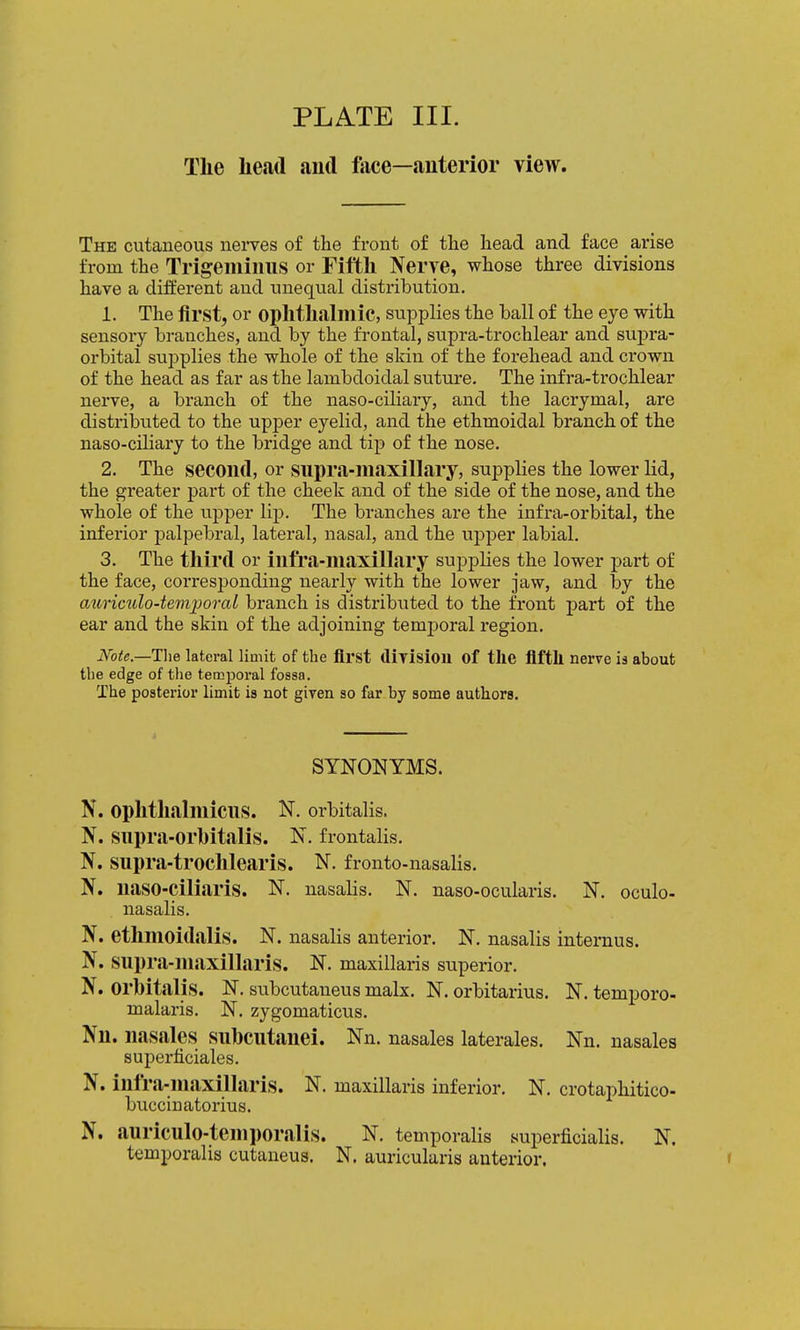 The head and face—anterior view. The cutaneous nerves of the front of the head and face arise from the TrigeiniiillS or Fifth Nerve, whose three divisions have a different and unequal distribution. 1. The first, or ophth.llmic, supplies the ball of the eye with sensory branches, and by the frontal, supra-trochlear and supra- orbital supplies the whole of the skin of the forehead and crown of the head as far as the lanibdoidal suture. The infra-trochlear nerve, a branch of the naso-ciliary, and the lacrymal, are distributed to the upper eyelid, and the ethmoidal branch of the naso-ciliary to the bridge and tip of the nose. 2. The second, or supra-maxillary, supplies the lower lid, the greater part of the cheek and of the side of the nose, and the whole of the upper lip. The branches are the infra-orbital, the inferior palpebral, lateral, nasal, and the upper labial. 3. The third or infra-maxillary supplies the lower part of the face, corresponding nearly with the lower jaw, and by the auriculo-tevijwrcd branch is distributed to the front part of the ear and the skin of the adjoining temporal region. JVoie—The lateral limit of the first divisiou of the fifth nerve is about the edge of tlie temporal fossa. The posterior limit is not given so far by some authors. SYNONYMS. N. ophthalmicus. N. orbitalis. N. supra-orhitalis. N. frontalis. N. supra-trochlearis. N. fronto-nasalis. N. uaso-ciliaris. N. nasalis. N. naso-ocularis. N. oculo- nasalis. N. ethmoidalis. N. nasalis anterior. N. nasalis internus. N. supra-maxillaris. N. maxillaris superior. N. orbitalis. N. subcutaueus malx. N. orbitarius. N. temporo- malaris. N. zygomaticus. Nn. nasales subcutanei. Nn. nasales laterales. Nn. nasales superficiales. N. infra-maxillaris. N. maxillaris inferior. N. crotaphitico- buccinatorius. N. auriculo-temporalis. N. temporalis superficialis. N. temporalis cutaneus. N. auricularis anterior. '
