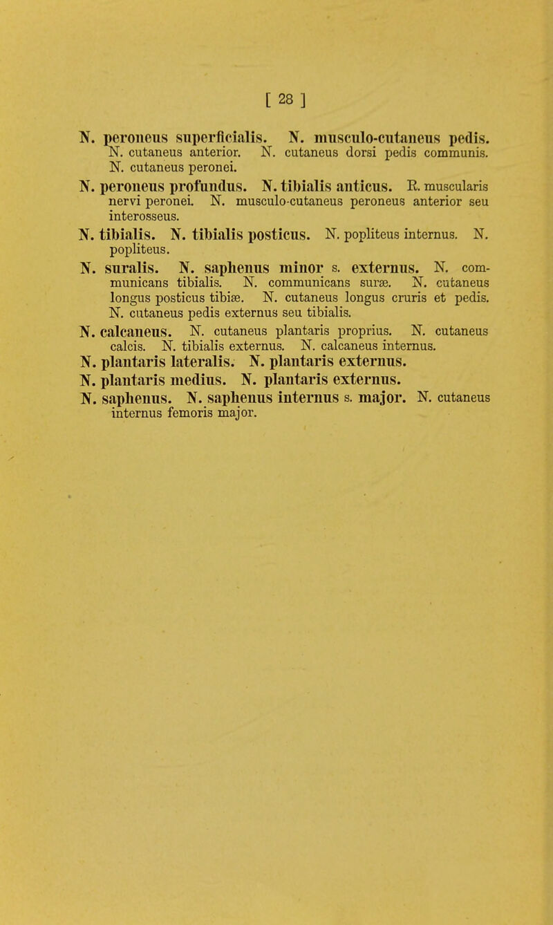 [ 28 ] N. peroiieus superficialis. N. musculo-cutaneus pedis. N. cutaneus anterior. N. cutaneus dorsi pedis communis. N. cutaneus peronei. N. peroneus profundus. N. tibialis anticus. R muscularis nervi peronei. N. musculo-cutaneus peroneus anterior seu interosseus. N. tibialis. N. tibialis posticus. N. popliteus internus. N. popliteus. N. suralis. N. saphenus minor s. externus. N. com- municans tibialis, N. communicans surae. N. cutaneus longus posticus tibiae. N. cutaneus longus cruris et pedis. N. cutaneus pedis externus seu tibialis. N. calcaneus. N. cutaneus plantaris proprius. K cutaneus calcis. N. tibialis externus. N. calcaneus internus. N. plantaris lateralis. N. plantaris externus. N. plantaris medius. N. plantaris externus. N. saphenus. N. saphenus internus s. major. N. cutaneus internus femoris major.