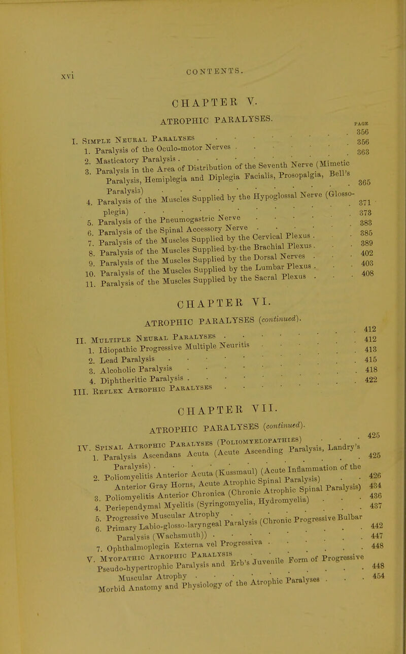 i CHAPTER V. II. ATEOPHIC PARALYSES. Simple Neural Paralyses 1 Paralysis of the Oculo-motor Nerves . i ™n i: t: * «^ - *. sr» ^ Paralysis, Hemiplegia and Diplegia Facial.., Prosopalgia, Bells 4. Pal* the Muscles Supplied by'the Hypoglossal Nerve (Glosso plegia) Paralysis of the Pneumogastric Nerve Paralysis of the Spinal Accessory Nerve . • • Paralysis of the Muscles Supplied by the Cervicalplexus 8 Paralysis of the Muscles Supplied by-the Brachial Plexus 9 Paralysis of the Muscles Supplied by the Dorsal Nerves 10 Paralysis of the Muscles Supplied by the Lumbar Plexus U. Paralysis of the Muscles Supplied by the Sacral Plexus CHAPTER VI. ATROPHIC PARALYSES {continued). Multiple Neural Paralyses 5. 6. 7. PAGE 356 356 363 365 371 • 373 383 385 389 402 403 408 III .ULTirHJi 1. Idiopathic Progressive Multiple Neuritis 2. Lead Paralysis 3. Alcoholic Paralysis 4 Diphtheritic Paralysis . . Keflex Atrophic Paralyses . • 412 412 413 415 418 422 CHAPTER VII ATROPHIC PARALYSES {continued). Paralysis). • • • * ' , A t inflammation of the Periependymal Myelitis (Syringomyelia, Hydromyelia) . • _ Paralysis (Wachsmuth)) . ^ 7. Ophthalmoplegia Externa vel Progressiva . • • • V. Myopathic Atrophic Paralysis ■ ' F f Progressive Pseudo-hypertrophic Paralysis and Erb . . • ■ Muscular Atrophy . • ■  * Paraiyse8 . . • Morbid Anatomy and Physiology of the Atropine r y 3. 4. 5. 425 425 426 434 436 437 442 447 448 448 454