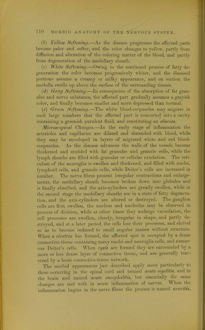 (b) Yellow Softening.—As the disease progresses the affected parts become paler and softer, and the color changes to yellow, partly from diffusion and alteration of the coloring matter of the hlood, and partly from degeneration of the medullary sheath. (c) White Softening.—Owing to the continued process of fatty de- generation the color becomes progressively whiter, and the diseased portions assume a creamy or milky appearance, and on section the medulla swells up above the surface of the surrounding tissues. (d) Gray Softening.—In consequence of the absorption of fat gran- ules and nerve substance, the affected part gradually assumes a grayish color, and finally becomes smaller and more depressed than normal. (e) G-reen Softening.—The white blood-corpuscles may migrate in such large numbers that the affected part is converted into a cavity containing a greenish purulent fluid, and constituting an abscess. Microscopical Changes.—In the early stage of inflammation the arterioles and capillaries are dilated and distended with blood, while they may be enveloped in layers of migrated white and red blood- corpuscles. As the disease advances the walls of the vessels become thickened and studded with fat granules and granule cells, Avhile the lymph sheaths are filled with granular or cellular exudation. The reti- culum of the neuroglia is swollen and thickened, and filled with nuclei, lymphoid cells, and granule cells, while Deiter's cells are increased in number. The nerve fibres present irregular contractions and enlarge- ments, the medullary sheath becomes broken down into globules and is finally absorbed, and the axis-cylinders are greatly swollen, while in the second stage the medullary sheaths are in a state of fatty degenera- tion, and the axis-cylinders are altered or destroyed. The ganglion cells are first swollen, the nucleus and nucleolus may be observed in process of division, while at other times they undergo vacuolation, the cell processes are swollen, cloudy, irregular in shape, and partly de- stroyed, and at a later period the cells lose their processes, and shrivel so as to become reduced to small angular masses without structure. When a cicatrix has formed, the affected spot is occupied by a dense connective tissue containing many nuclei and neuroglia cells, and numer- ous Deiter's cells. When cysts arc formed they are surrounded by a more or less dense layer of connective tissue, and arc generally trav- ersed by a loose connective-tissue network. The morbid appearances just described apply more particularly to those occurring in the spinal cord and termed acute myelitis, and in the brain and named acute encephalitis, bu1 essentially the same changes are met with in acute inflammation of nerves. When the inflammation begins in the nerve fibres the process is named neuritis.