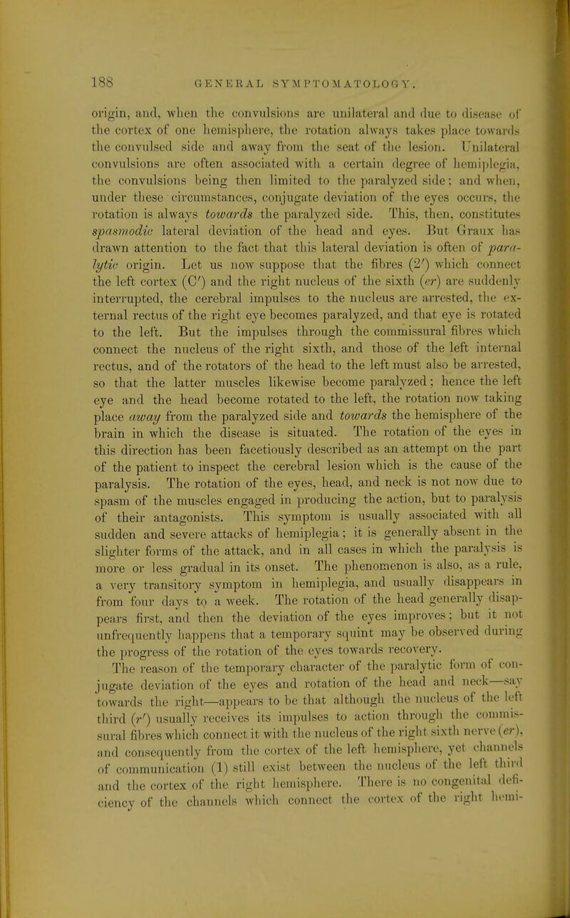 origin, and, when the convulsions are unilateral and due to disease of the cortex of one hemisphere, the rotation always takes place towards the convulsed side and away from the seat of the lesion. [JnHaterd convulsions arc often associated with a certain degree of hemiplegia, the convulsions heing then limited to the paralyzed side; and when, under these circumstances, conjugate deviation of the eyes occurs, the rotation is always towards the paralyzed side. This, then, constitutes spasmodic lateral deviation of the head and eyes. But Grraux has drawn attention to the fact that this lateral deviation is often of para- lytic origin. Let us now suppose that the fibres (2') which connect the left cortex (C) and the right nucleus of the sixth (er) arc suddenly interrupted, the cerebral impulses to the nucleus are arrested, the ex- ternal rectus of the right eye becomes paralyzed, and that eye is rotated to the left. But the impulses through the commissural fibres which connect the nucleus of the right sixth, and those of the left internal rectus, and of the rotators of the head to the left must also be arrested, so that the latter muscles likewise become paralyzed; hence the left eye and the head become rotated to the left, the rotation now taking place away from the paralyzed side and towards the hemisphere of the brain in which the disease is situated. The rotation of the eyes in this direction has been facetiously described as an attempt on the part of the patient to inspect the cerebral lesion which is the cause of the paralysis. The rotation of the eyes, head, and neck is not now due to spasm of the muscles engaged in producing the action, but to paralysis of their antagonists. This symptom is usually associated with all sudden and severe attacks of hemiplegia; it is generally absent in the slighter forms of the attack, and in all cases in which the paralysis is more or less gradual in its onset. The phenomenon is also, as a rule, a very transitory symptom in hemiplegia, and usually disappears m from four days to a week. The rotation of the head generally disap- pears first, and then the deviation of the eyes improves; but it not unfrequently happens that a temporary squint may be observed during the progress of the rotation of the eyes towards recovery. The reason of the temporary character of the paralytic form of con- jugate deviation of the eyes and rotation of the head and neck—say towards the right—appears to be that although the nucleus of the left third (V) usually receives its impulses to action through the commis- sural fibres which connect it with the nucleus of the right sixth nerve (er), and consequently from the cortex of the left hemisphere, yet channels of communication (1) still exist between the nucleus of the left third and the cortex of the right hemisphere. There is no congenita) defi- ciency of the channels which connect the cortex of the right hemi-