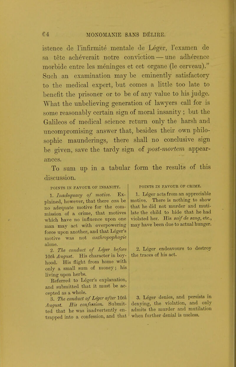 istcnce de l'mfirmite mentale cle Leger, 1'examen de sa tete acheverait notre conviction — une adherence morbide entre les meninges et cet organe (le cerveau). Such an examination may be eminently satisfactory to the medical expert, but comes a little too late to benefit the prisoner or to be of any value to his judge. What the unbelieving generation of lawyers call for is some reasonably certain sign of moral insanity ; but the Galileos of medical science return only the harsh and uncompromising answer that, besides their own philo- sophic maunderings, there shall no conclusive sign be given, save the tardy sign of post-mortem appear- ances. To sum up in a tabular form the results of this discussion. POINTS IN FAVOUR OF INSANITY. 1. Inadequacy of motive. Ex- plained, however, that there can be no adequate motive for the com- mission of a crime, that motives which have no influence upon one man may act with overpowering force upon another, and that Leger's motive was not anthropophagie alone. 2. The conduct of Leger before 10th August. His character in boy- hood. His flight from home with only a small sum of money; his living upon herbs. Referred to Leger's explanation, and submitted that it must be ac- cepted as a whole. 3. The conduct of Leger after 10th August. His confession. Submit- ted that he was inadvertently en- trapped into a confession, and that POINTS IN FAVOUR OF CRIME. 1. Leger acts from an appreciable motive. There is nothing to show that he did not murder and muti- late the child to hide that he had violated her. His soif de sang, etc., may have been due to actual hunger. 2. Leger endeavours to destroy the traces of his act. 3. Leger denies, and persists in denying, the violation, and only admits the murder and mutilation when further denial is useless.