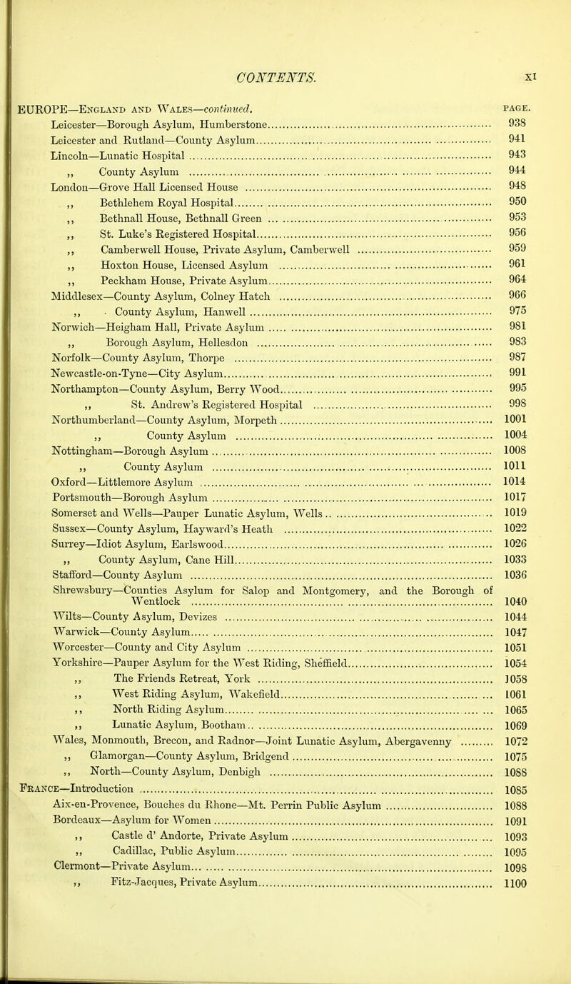 EUROPE—England and Wales—co»/M!«ecZ, page. Leicester—Boroiigh Asylum, Humberstone 938 Leicester and Rutland—County Asylum 941 Lincoln—Lunatic Hospital 943 County Asylum 944 London—Grove Hall Licensed House 948 ,, Bethlehem Royal Hospital 950 ,, Bethnall House, Bethnall Green 953 St. Luke's Registered Hospital 956 ,, Camberwell House, Private Asylum, Camberwell 959 ,, Hoxton House, Licensed Asylum 961 ,, Peckham House, Private Asylum 964 Middlesex—County Asylum, Colney Hatch 966 ,, • County Asylum, Hanwell 975 Norwich—Heigham Hall, Private Asylum , 981 ,, Borough Asylum, Hellesdon 983 Norfolk—County Asylum, Thorpe 987 Newcastle-on-Tyne—City Asylum 991 Northampton—County Asylum, Berry Wood 995 ,, St. Andrew's Registered Hospital 998 Northumberland—County Asylum, Morpeth 1001 „ County Asylum 1004 Nottingham—Borough Asylum 1008 ,, County Asylum 1011 Oxford—Littlemore Asylum 1014 Portsmouth—Borough Asylum 1017 Somerset and Wells—Pauper Lunatic Asylum, Wells 1019 Sussex—County Asylum, Hay ward's Heath 1022 Surrey—Idiot Asylum, Earlswood 1026 ,, County Asylum, Cane Hill 1033 Stafford—County Asylum 1036 Shrewsbury—Counties Asylum for Salop and Montgomery, and the Borough of Wentlock 1040 Wilts—County Asylum, Devizes 1044 Warwick—County Asylum 1047 Worcester—County and City Asylum 1051 Yorkshire—Pauper Asylum for the West Riding, Sheffield 1054 The Friends Retreat, York 1058 ,, West Riding Asylum, Wakefield 1061 ,, North Riding Asylum 1065 Lunatic Asylum, Bootham 1069 Wales, Monmouth, Brecon, and Radnor—Joint Lunatic Asylum, Abergavenny 1072 ,, Glamorgan—County Asylum, Bridgend 1075 ,, North—County Asylum, Denbigh 1088 France—Litroduction 1085 Aix-en-Provence, Bouches du Rhone—Mt. Perrin Public Asylum 1088 Bordeaux—Asylum for Women 1091 ,, Castle d'Andorte, Private Asylum ... 1093 ,, Cadillac, Public Asylum 1095 Clermont—Private Asylum 1098 ,, Fitz-Jacques, Private Asylum 1100