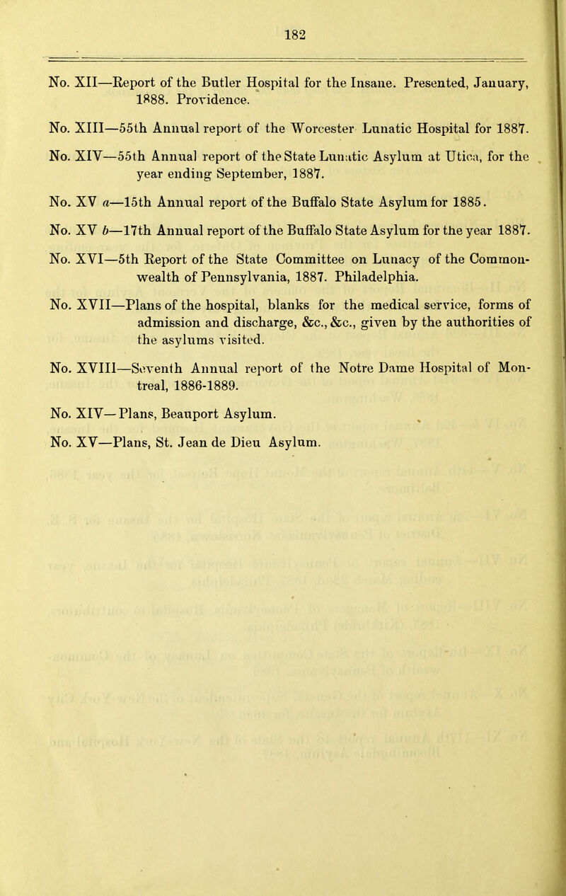 No. XII—Report of the Butler Hospital for the Insane. Presented, January, 1888. Providence. No. XIII—55th Annual report of the Worcester Lunatic Hospital for 188'7. No. XIV—55th Annual report of the State Lunutic Asylum at Utica, for the year ending September, 188*7. No. XV a—15th Annual report of the BuflFalo State Asylum for 1885. No. XV b—17th Annual report of the Buffalo State Asylum for the year 188*7. No. XVI—5th Report of the State Committee on Lunacy of the Common- wealth of Pennsylvania, 1887. Philadelphia. No. XVII—Plans of the hospital, blanks for the medical service, forms of admission and discharge, &c.,&c., given by the authorities of the asylums visited. No. XVIIl—Seventh Annual report of the Notre Dame Hospital of Mon- treal, 1886-1889. No. XIV—Plans, Beauport Asylum.