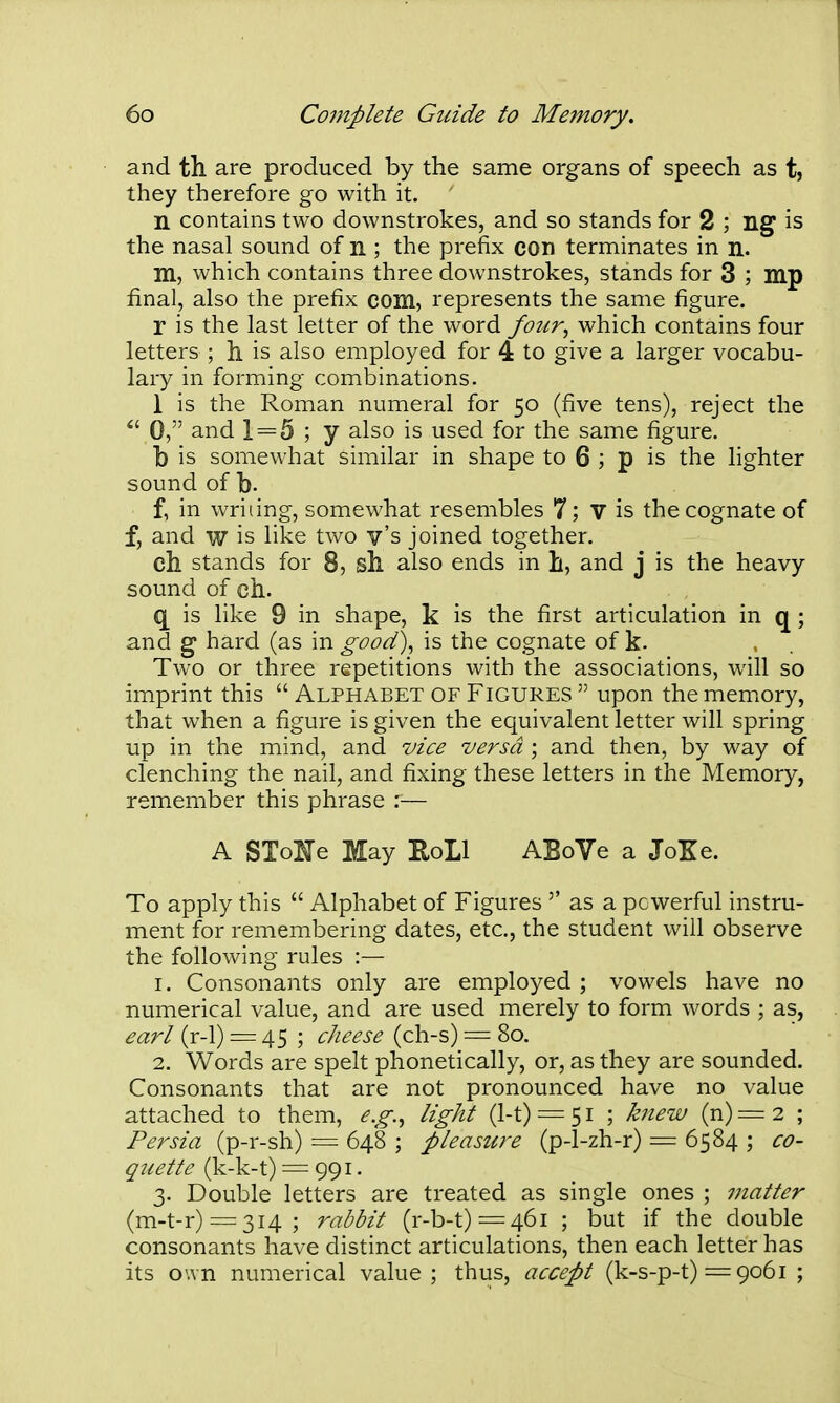 and th are produced by the same organs of speech as tj they therefore go with it. n contains two downstrokes, and so stands for 2 ; ng is the nasal sound of n ; the prefix con terminates in n. m, which contains three downstrokes, stands for 3 ; mp final, also the prefix com, represents the same figure. r is the last letter of the word four^ which contains four letters ; h is also employed for 4 to give a larger vocabu- lary in forming combinations. 1 is the Roman numeral for 50 (five tens), reject the 0.  and 1 = 5 ; y also is used for the same figure. b is somewhat similar in shape to 6 ; p is the lighter sound of b. f, in writing, somewhat resembles 7; V is the cognate of f, and w is like two v's joined together. cll stands for 8, sh also ends in h, and j is the heavy sound of eh. q is like 9 in shape, k is the first articulation in q ; and g hard (as in good), is the cognate of k. , . Two or three repetitions with the associations, will so imprint this  Alphabet of Figures  upon the memory, that when a figure is given the equivalent letter will spring up in the mind, and vice versa ; and then, by way of clenching the nail, and fixing these letters in the Memory, remember this phrase :— A SToKe May Roll ABoVe a JoKe. To apply this  Alphabet of Figures as a powerful instru- ment for remembering dates, etc., the student will observe the following rules :— 1. Consonants only are employed ; vowels have no numerical value, and are used merely to form words ; as, earl (r-1) = 45 ; cheese (ch-s) = 80. 2. Words are spelt phonetically, or, as they are sounded. Consonants that are not pronounced have no value attached to them, e.g.^ light (1-t) = 51; k7ie'W (n) = 2 ; Persia (p-r-sh) = 648 ; pleasure (p-l-zh-r) = 6584 ; co- quette (k-k-t) = 991. 3. Double letters are treated as single ones ; matter (m-t-r) = 3i4; rabbit (r-b-t)=46i ; but if the double consonants have distinct articulations, then each letter has its own numerical value ; thus, accept (k-s-p-t) = 9061 ;