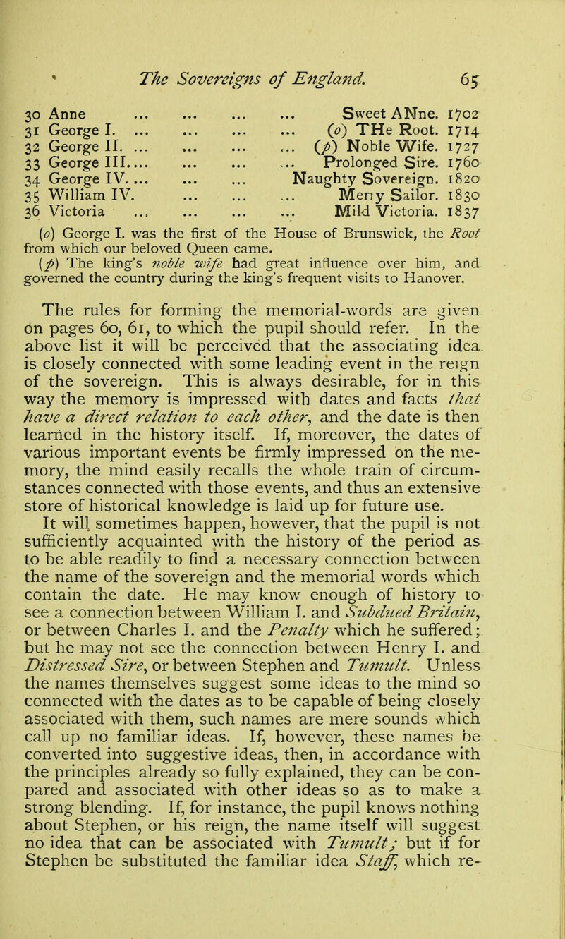 The Sovereigns of England. 6? 30 Anne 31 George I. ... 32 George II. ... 33 George III.... 34 George IV. ... 35 William IV. 36 Victoria Sweet ANne. 1702 (p) THe Root. 1714 . (/) Noble Wife. 1727 Prolonged Sire. 1760 Naughty Sovereign. 1820 Meriy Sailor. 1830 Mild Victoria. 1837 {6) George I. was the first of the House of Brunswick, the Roof from which our beloved Queen came. {p) The king's noble wife had great influence over him, and governed the country during the king's frequent visits 10 Hanover. The rules for forming the memorial-words are given on pages 60, 61, to which the pupil should refer. In the above list it will be perceived that the associating idea is closely connected with some leading event in the reign of the sovereign. This is always desirable, for in this way the memory is impressed with dates and facts that have a direct relation to each other, and the date is then learned in the history itself. If, moreover, the dates of various important events be firmly impressed on the me- mory, the mind easily recalls the whole train of circum- stances connected with those events, and thus an extensive store of historical knowledge is laid up for future use. It will sometimes happen, however, that the pupil is not sufficiently acquainted with the history of the period as to be able readily to find a necessary connection between the name of the sovereign and the memorial words which contain the date. He may know enough of history to see a connection between William I. and Subdued Britain, or between Charles I. and the Penalty which he suffered; but he may not see the connection between Henry I. and Distressed Sire, or between Stephen and Tiumtlt. Unless the names themselves suggest some ideas to the mind so connected with the dates as to be capable of being closely associated with them, such names are mere sounds which call up no familiar ideas. If, however, these names be converted into suggestive ideas, then, in accordance with the principles already so fully explained, they can be con- pared and associated with other ideas so as to make a strong blending. If, for instance, the pupil knows nothing about Stephen, or his reign, the name itself will suggest no idea that can be associated with Tiimult j but if for Stephen be substituted the familiar idea Staff, which re-