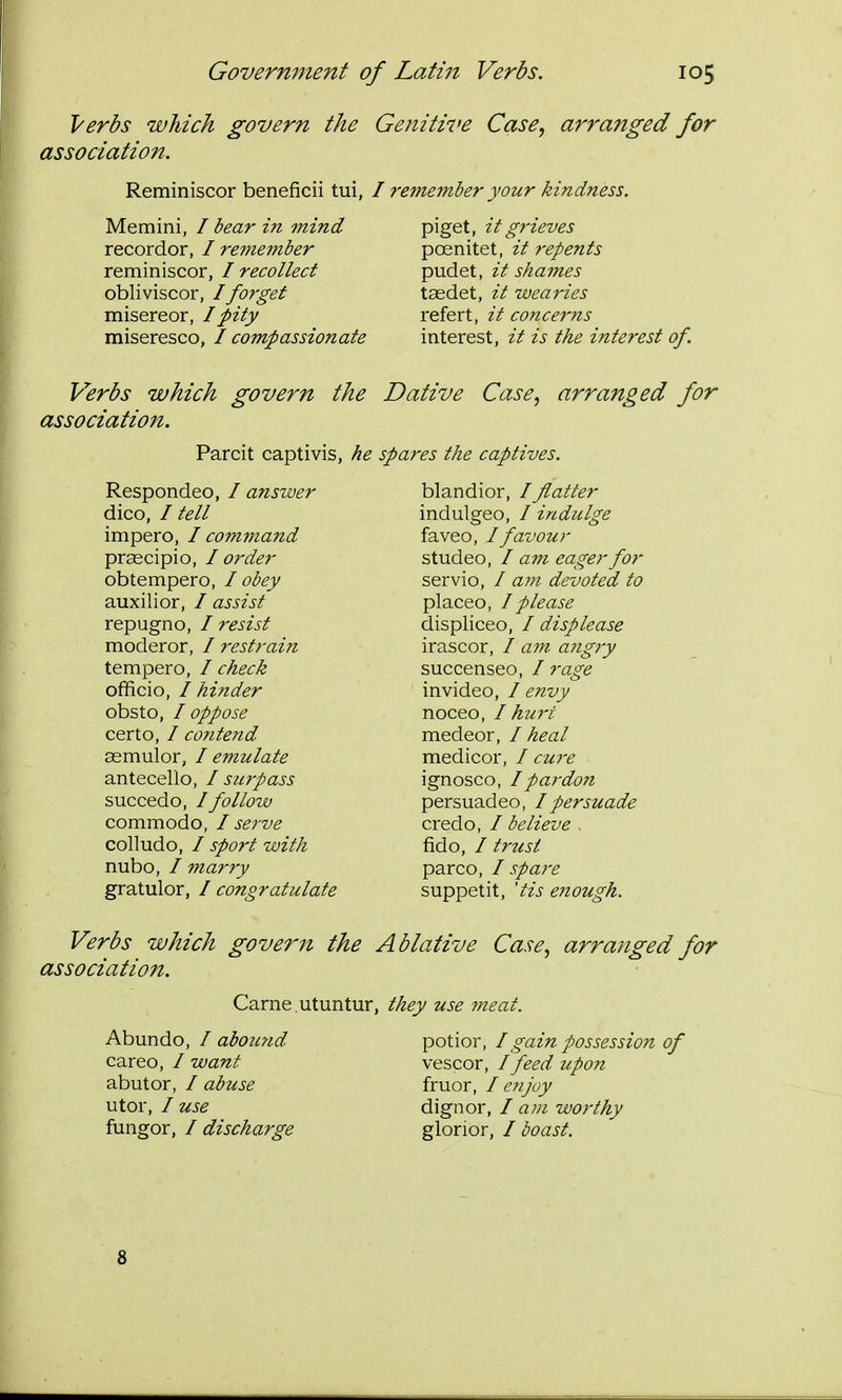 Verbs which govern the Geniti7>e Case, arranged for association. Reminiscor beneficii tui, / j'ejnember your kindness. Memini, / bear in mind recorder, / remember reminiscor, I recollect obliviscor, I forget misereor, I pity miseresco, / compassionate piget, it grieves poenitet, it repents pudet, it shames tasdet, it wearies refert, it concerns interest, it is the interest of. Verbs which govern the Dative Case, arran association. for Parcit captivis, he spares the captives. Respondeo, / answer dico, / tell impero, I command praecipio, I order obtempero, I obey auxilior, / assist repugno, / resist moderor, / 7'estrain tempero, / check officio, / hinder obsto, / oppose certo, / contend asmulor, I emulate antecello, I surpass succedo, /follozv commodo, / serve colludo, / sport with nubo, / marry gratulor, / congratulate blandior, /flatter indulgeo, / indulge faveo, /favour studeo, I am eager for servio, / am devoted to placeo, I please displiceo, / displease irascor, / am angry succenseo, / rage invideo, I envy noceo, I hu?-t medeor, / heal medicor, / cure ignosco, I pardon persuadeo, I persuade credo, / believe fido, / trust parco, I spare suppetit, 'tis enough. Verbs which govern the Ablative Case, arranged for association. Carne utuntur, they use meat. Abundo, / aboicnd careo, / want abutor, / abuse utor, / use fungor, I discharge potior, f^ain possession of vescor, I feed upo7i fruor, I e?iJoy dignor, / a)n worthy glorior, / boast. 8