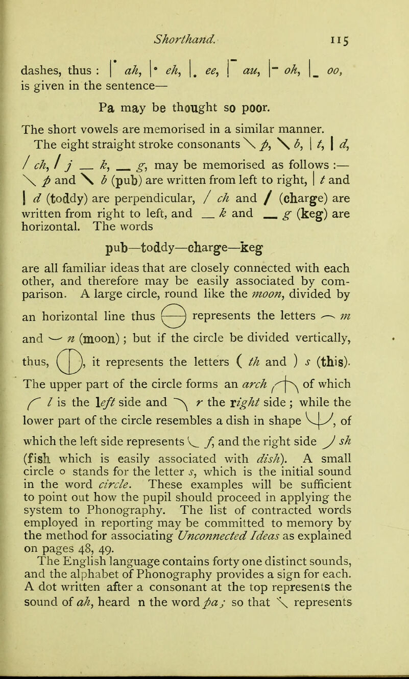 dashes, thus : | ah,\' eh.,\^ ee^ j au^ {oh, |_ 00, is given in the sentence— Pa may be thought so poor. The short vowels are memorised in a similar manner. The eight straight stroke consonants \ \ | | ^ / chj I j ^, may be memorised as follows :— \ p and \ b (pub) are written from left to right, | / and I d (toddy) are perpendicular, / ch and / (charge) are written from right to left, and k and g (keg) are horizontal. The words pub—toddy—charge—keg are all familiar ideas that are closely connected with each other, and therefore may be easily associated by com- parison. A large circle, round like the moon, divided by an horizontal line thus represents the letters ^ m and ^ n (moon); but if the circle be divided vertically, thus, it represents the letters ( th and ) s (this)- The upper part of the circle forms an arch ^^f~^^ of which ^ / is the \eft side and r the xight side ; while the lower part of the circle resembles a dish in shape ^^^\^■, of which the left side represents 7^ and the right side J sh (fish which is easily associated with dish). A small circle o stands for the letter which is the initial sound in the word circle. These examples will be sufficient to point out how the pupil should proceed in applying the system to Phonography. The list of contracted words employed in reporting may be committed to memory by the method for associating Unconnected Ideas as explained on pages 48, 49. The English language contains forty one distinct sounds, and the alphabet of Phonography provides a sign for each. A dot written after a consonant at the top represents the sound of ah, heard n the word/<3:y so that \ represents