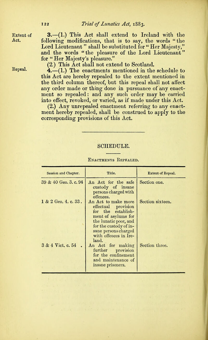 Extent of 3.—(1.) This Act shall extend to Ireland with the Act. following modifications, that is to say, the words the Lord Lieutenant shall be substituted for  Her Majesty, and the words the pleasure of the Lord Lieutenant for  Her Majesty's pleasure. (2.) This Act shall not extend to Scotland. Eepeal. 4^—The enactments mentioned in the schedule to this Act are hereby repealed to the extent mentioned in the third column thereof, but this repeal shall not affect any order made or thing done in pursuance of any enact- ment so repealed: and any such order may be carried into effect, revoked, or varied, as if made under this Act. (2.) Any unrepealed enactment referring to any enact- ment hereby repealed, shall be construed to apply to the corresponding provisions of this Act. SCHEDULE, Enactmknts Repealed. Session and Chapter. Title. Extent of Eepeal. 39 & 40 Geo. 3. c. 94 An Act for the safe custody of insane persons charged with offences. Section one. 1 & 2 Geo. 4. c. 33. An Act to make more effectual provision for the establish- ment of asylums for the lunatic poor, and for the custody of in- sane persons charged ■with offences in Ire- land. Section sixteen. 3 & 4 Vict. c. 54 . An Act for making further provision for the confinement and maintenance of insane prisoners. Section three.