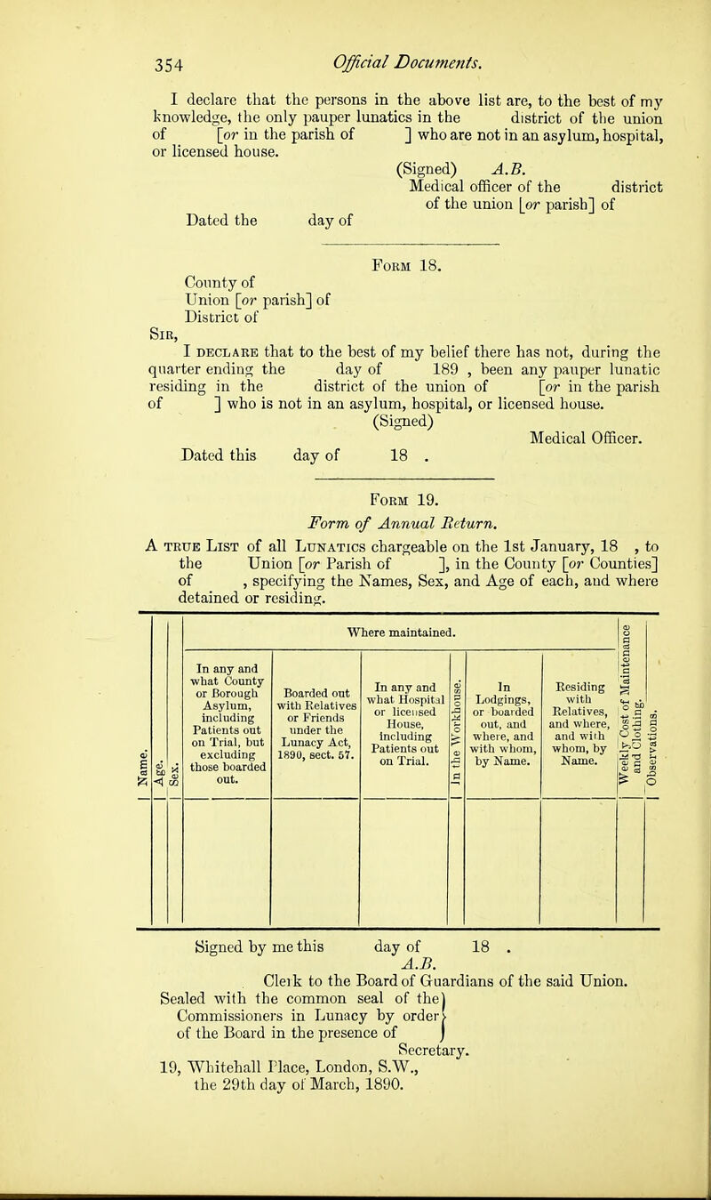 I declare that the persons in the above list are, to the best of my knowledge, the only pauper lunatics in the district of the union of [or in the parish of ] who are not in an asylum, hospital, or licensed house. (Signed) A.B. Medical officer of the district of the union \ or parish] of Dated the day of Form 18. County of Union [or parish] of District of SlE, I DECLARE that to the best of my belief there has not, during the quarter ending the day of 189 , been any pauper lunatic residing in the district of the union of [or in the parish of ] who is not in an asylum, hospital, or licensed house. (Signed) Medical Officer. Dated this day of 18 . Form 19. Form of Annual Return. A true List of all Lunatics chargeable on the 1st January, 18 , to the Union [or Parish of ], in the County [or Counties] of , specifying the Names, Sex, and Age of each, and where detained or residing. Where maintained. ance 1 Name. <1 1 Sex. In any and what County or Borough Asylum, including Patients out on Trial, but excluding those boarded out. Boarded out with Relatives or Friends under the Lunacy Act, 1890, sect. 57. In any and what Hospital or licensed House, including Patients out on Trial. (U p o .a i< o /a a In Lodgings, or boarded out, and where, and with whom, by Name. Residing with Relatives, and where, and with whom, by Name. Weekly Cost of Mainten and Clothing. 1 Observations. Signed by me this day of 18 . A.B. Cleik to the Board of Guardians of the said Union. Sealed with the common seal of the) Commissioners in Lunacy by orders of the Board in the presence of j Secretary. 19, Whitehall Place, London, S.W., the 29th day ot March, 1890.