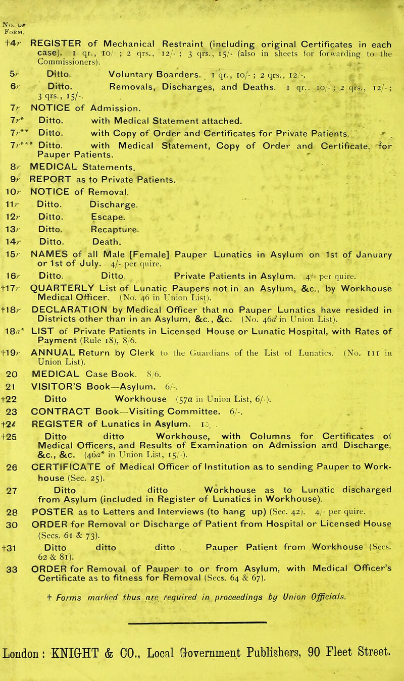 t4;- REGISTER of Mechanical Restraint (including original Certificates in each case). I qr., 10/ ; 2 qrs., 12/- ; 3 qrs., 15/- (also in sheets for forwarding to the Commissioners). - 5/- Ditto. Voluntary Boarders, i qr., 10/-; 2 qrs., 12/-. 6; Ditto. Removals, Discharges, and Deaths, i qr.. 10 -; 2 qrs., 12/-; 3 qrs., 15/-- Ir NOTICE of Admission. Ir* Ditto. with Medical Statement attached. 7; ** Ditto. with Copy of Order and Certificates for Private Patients. ' 7'*** Ditto. with Medical Statement, Copy of Order and Certificate, for Pauper Patients. MEDICAL Statements. REPORT as to Private Patients. NOTICE of Removal. Ditto. Discharge. Ditto. Escape. Ditto. Recapture. Ditto. Death. NAMES of all Male [Female] Pauper Lunatics in Asylum on 1st of January or 1st of duly. 4/- per quire. 16/- Ditto. Ditto. Private Patients in Asylum. 4/-per quire. t17r QUARTERLY List of Lunatic Paupers not in an Asylum, &.C., by Workhouse Medical Officer. (No. 46 in Union List). tl8/- DECLARATION by Medical Officer that no Pauper Lunatics have resided in Districts other than in an Asyl um, &c., &c. (No. '\x\ Union List). 18^^* LIST of Private Patients in Licensed House or Lunatic Hospital, with Rates of Payment (Rule 18), 8/6. +19,'- ANNUAL Return by Clerk to the fiuardians of the List of Lunatics. (No. in in Union List). MEDICAL Case Book. S 6. VISITOR'S Book—Asylum. 6/-. Ditto Workhouse (57a in Union List, 6/ ). CONTRACT Book—Visiting Committee. 6/-. REGISTER of Lunatics in Asylum. lo, Ditto ditto Workhouse, with Columns for Certificates of Medical Officers, and Results of Examination on Admission and Discharge, &C., &.C. (46a* in Union List, 15/-). CERTIFICATE of Medical Officer of Institution as to sending Pauper to Work- house (Sec. 25). Ditto ditto Workhouse as to Lunatic discharged from Asylum (included in Register of Lunatics in Workhouse). POSTER as to Letters and Interviews (to hang up) (Sec. 421. 4/- per quire. ORDER for Removal or Discharge of Patient from Hospital or Licensed House (Sees. 61 & 73). Ditto ditto ditto . Pauper Patient from Workhouse (Sees. 62 & 81). ORDER for Removal of Pauper to or from Asylum, with Medical Officer's Certificate as to fitness for Removal (Sees. 64 & 67). t Forms marked thus are required in proceedings by Union Officials.