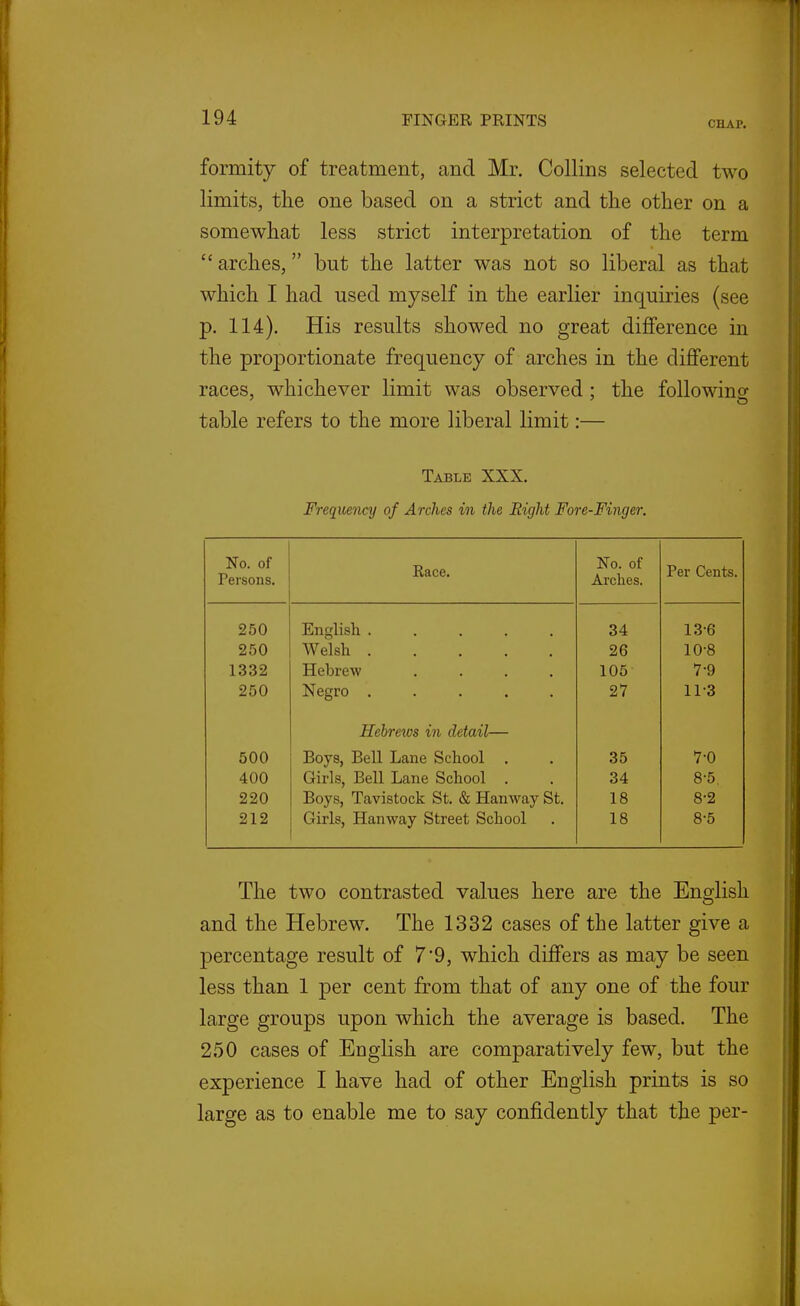 CHAP. formity of treatment, and Mr. Collins selected two limits, the one based on a strict and the other on a somewhat less strict interpretation of the term  arches, but the latter was not so liberal as that which I had used myself in the earlier inquiries (see p. 114). His results showed no great difference in the proportionate frequency of arches in the different races, whichever limit was observed; the following table refers to the more liberal limit:— Table XXX. Frequency of Arches in the Right Fore-Finger. No. of Persons. Race. No. of Arches. Per Cents. 250 English 34 13-6 250 Welsh 26 10-8 1332 Hebrew .... 105 7-9 250 Negro ..... 27 11-3 Hebreios in detail— 500 Boys, Bell Lane School . 35 7-0 400 Girls, Bell Lane School . 34 8-5, 220 Boys, Tavistock St. & Hanway St. 18 8-2 212 Girls, Hanway Street School 18 8-5 The two contrasted values here are the English and the Hebrew. The 1332 cases of the latter give a percentage result of 79, which differs as may be seen less than 1 j)er cent from that of any one of the four large groups upon which the average is based. The 250 cases of English are comparatively few, but the experience I have had of other English prints is so large as to enable me to say confidently that the per-
