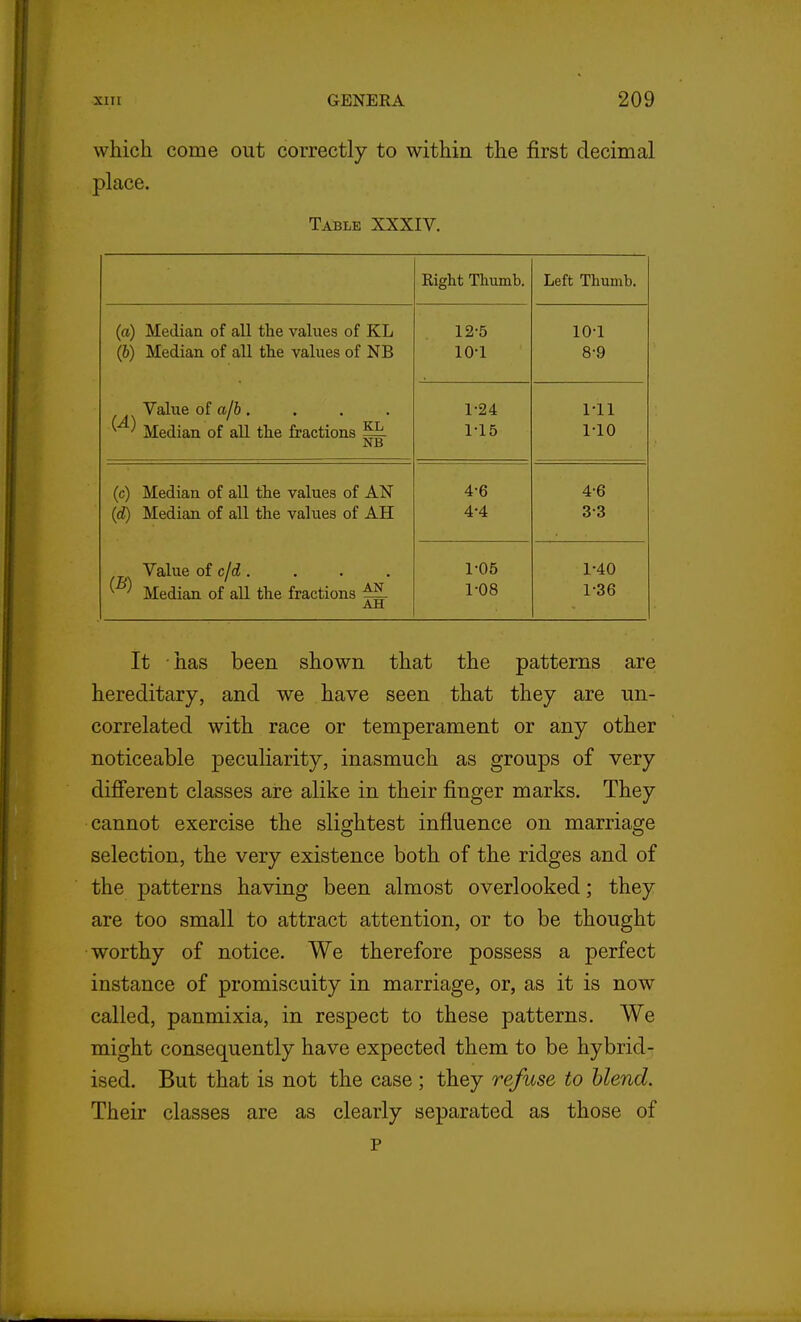 which come out correctly to within the first decimal place. Table XXXIV. Right Thumb. Left Thumb. (a) Median of all the values of KL (6) Median, of all the values of NB 12-5 10-1 10-1 8-9 Value of a/6. ^ ^ Median of aU the fractions ~ NB 1-24 1-15 1-11 1-10 (c) Median of all the values of AN {d) Median of all the values of AH 4-6 4-4 4-6 3-3 Value oi c/d. ^ Median of aU the fractions ~ AM 1-05 1-08 1-40 1-36 It has been shown that the patterns are hereditary, and we have seen that they are un- correlated with race or temperament or any other noticeable peculiarity, inasmuch as groups of very different classes are alike in their finger marks. They cannot exercise the slightest influence on marriage selection, the very existence both of the ridges and of the patterns having been almost overlooked; they are too small to attract attention, or to be thought worthy of notice. We therefore possess a perfect instance of promiscuity in marriage, or, as it is now called, panmixia, in respect to these patterns. We might consequently have expected them to be hybrid- ised. But that is not the case; they refuse to blend. Their classes are as clearly separated as those of p