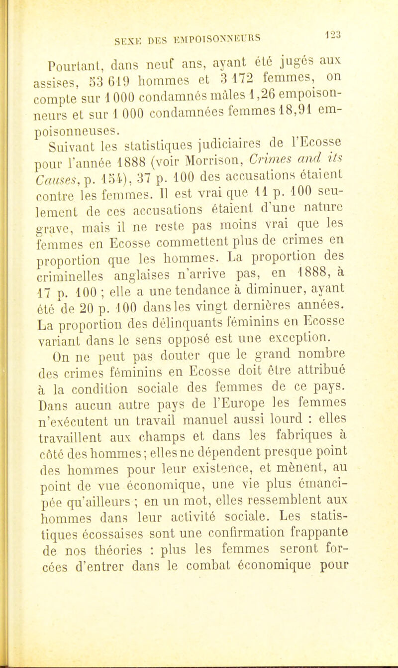 Si:XK DKS EMPOISONNEURS 1 Pourtant, dans neuf ans, ayant été jugés aux assises, 53 619 hommes et 3 172 femmes, on compte sur 1000 condamnés mâles 1,26 empoison- neurs et sur 1 000 condamnées femmes 18,91 em- poisonneuses. Suivant les statistiques judiciaires de l'Ecosse pour l'année 1888 (voir Morrison, Crimes and ils Causes,^. 134), 37 p. 100 des accusations étaient contre les femmes. Il est vrai que 11 p. 100 seu- lement de ces accusations étaient d'une nature grave, mais il ne reste pas moins vrai que les femmes en Ecosse commettent plus de crimes en proportion que les hommes. La proportion des criminelles anglaises n'arrive pas, en 1888, à 17 p. 100 ; elle a une tendance à diminuer, ayant été'de 20 p. 100 dans les vingt dernières années. La proportion des délinquants féminins en Ecosse variant dans le sens opposé est une exception. On ne peut pas douter que le grand nombre des crimes féminins en Ecosse doit être attribué à la condition sociale des femmes de ce pays. Dans aucun autre pays de l'Europe les femmes n'exécutent un travail manuel aussi lourd : elles travaillent aux champs et dans les fabriques à côté des hommes ; elles ne dépendent presque point des hommes pour leur existence, et mènent, au point de vue économique, une vie plus émanci- pée qu'ailleurs ; en un mot, elles ressemblent aux hommes dans leur activité sociale. Les statis- tiques écossaises sont une confirmation frappante de nos théories : plus les femmes seront for- cées d'entrer dans le combat économique pour