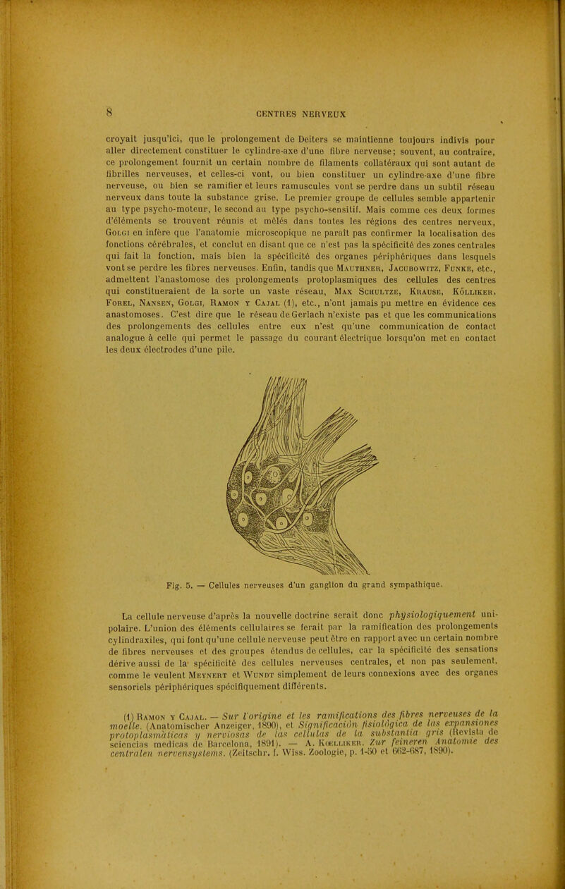 croyait jusqu'ici, que le prolongement de Deiters se maintienne toujours indivis pour aller directement constituer le cylindre-axe d'une libre nerveuse; souvent, au contraire, ce prolongement fournit un certain nombre de filaments collatéraux qui sont autant de fibrilles nerveuses, et celles-ci vont, ou bien constituer un cylindre-axe d'une fibre nerveuse, ou bien se ramifier et leurs ramuscules vont se perdre dans un subtil réseau nerveux dans toute la substance grise. Le premier groupe de cellules semble appartenir au type psycho-moteur, le second au type psycho-sensitif. Mais comme ces deux formes d'éléments se trouvent réunis et mêlés dans toutes les régions des centres nerveux, GoLGi en infère que l'anatomie microscopique ne paraît pas confirmer la localisation des fonctions cérébrales, et conclut en disant que ce n'est pas la spécificité des zones centrales qui fait la fonction, mais bien la spécificité des organes périphériques dans lesquels vont se perdre les fibres nerveuses. Enfin, tandis que Mauthner, Jacubowitz, Funke, etc., admettent l'anastomose des prolongements protoplasmiques des cellules des centres qui constitueraient de la sorte un vaste réseau, Max Schultze, Krause, Kôlliker, FoREL, Nansen, Golgi, Ramon y Cajal (1), etc., n'ont jamais pu mettre en évidence ces anastomoses. C'est dire que le réseau deGerlach n'existe pas et que les communications des prolongements des cellules entre eux n'est qu'une communication de contact analogue à celle qui permet le passage du courant électrique lorsqu'on met en contact les deux électrodes d'une pile. Fig. 5. — Cellules nerveuses d'un ganglion du grand sympathique. La cellule nerveuse d'après la nouvelle doctrine serait donc phijsiologiquement uni- polaire. L'union des éléments cellulaires se ferait par la ramification des prolongements cylindraxiles, qui font qu'une cellule nerveuse peut être en rapport avec un certain nombre de fibres nerveuses et des groupes étendus de cellules, car la spécificité des sensations dérive aussi de la spécificité des cellules nerveuses centrales, et non pas seulement, comme le veulent Meynert et Wundt simplement de leurs connexions avec des organes sensoriels périphériques spécifiquement diflcrents. (1) Ramon y Ca.iai.. — Sur lorigine et les ramifications des fibres nerveuses de la moelle. (Anatomischcr Anzeigcr, 1890), et Significaciàn fisiolôgica de las expansiones proton las iiûj lien s y nerviosns de las cellitlas de la suhstantia gns (Rcvista de sciencias medicas de Barcelona, mi). — A. Kouluker. /Air feinereji Jnatomie des cenlralen neroensyslenis. (Zeitschr. f. Wiss. Zoologie, p. l-i50 et G()2-()8/, 1S90).