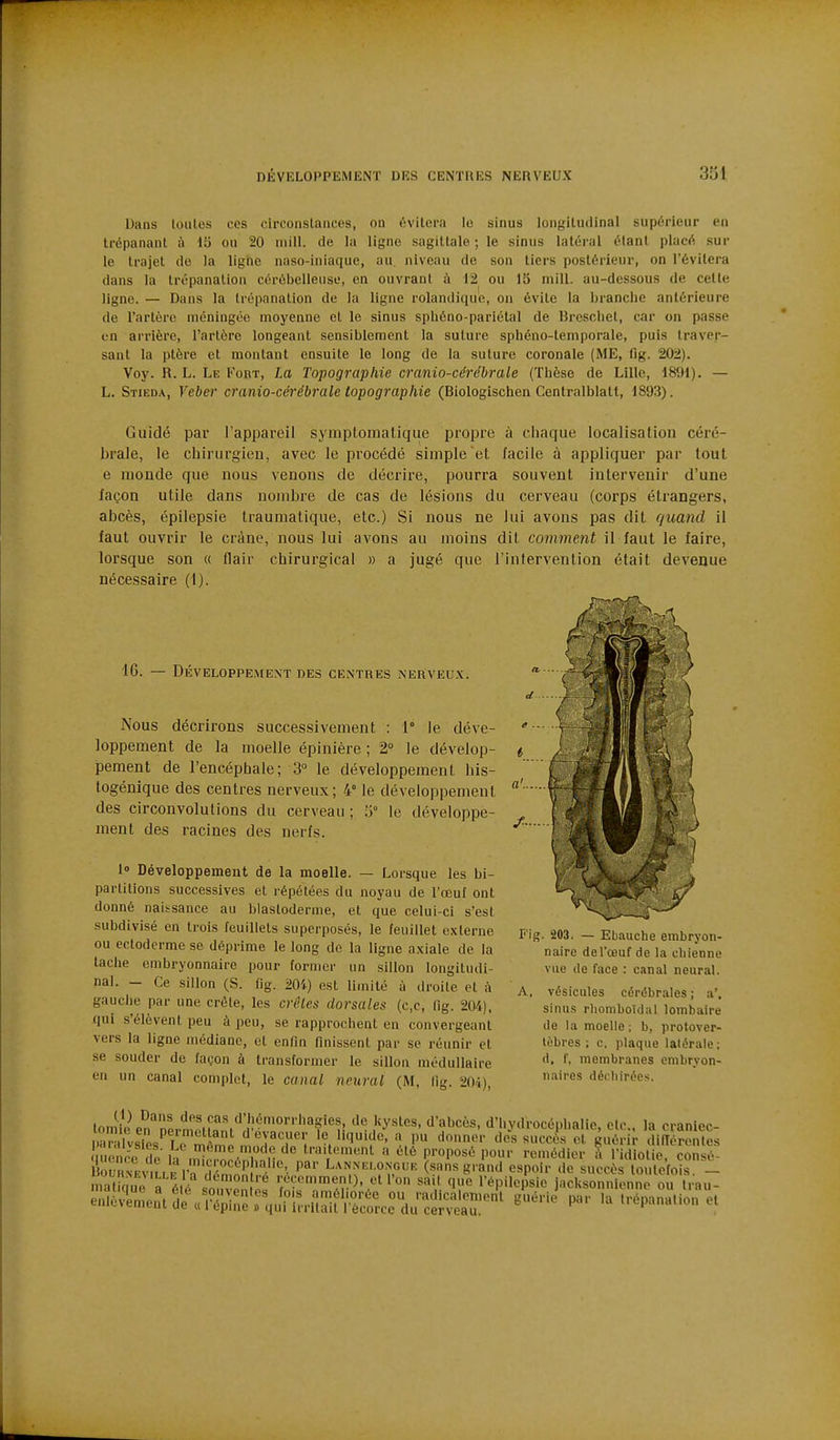 Dans loules ces circonstances, on évitera le sinus longitiulinal supérieur en trépanant à 15 ou 20 niill. de la ligne sagittale ; le sinus latéral étant placé sur le trajet de la ligne naso-iniaque, au. niveau de son tiers postérieur, on l'évitera dans la trépanation cérébelleuse, en ouvrant à 12 ou 15 mill. au-dessous de celle ligne. — Dans la trépanation de la ligne rolandique, on évite la branche antérieure de l'artère méningée moyenne et le sinus sphéno-pariétal de Brescbet, car on passe en arrière, l'artère longeant sensiblement la suture sphéno-temporale, puis traver- sant la ptère et montant ensuite le long de la suture coronale (ME, fig. 202). Voy. R. L. Le Fort, La Topographie cranio-cérébrale (Thèse do Lille, 1891). — L. Stieda, Veber cranio-cérébrale topographie (Biologischen Cenlralblatt, 1893). Guidé par l'appareil syinptomatique propre à chaque localisation céré- brale, le chirurgien, avec le procédé simple et facile à appliquer par tout e monde que nous venons de décrire, pourra souvent intervenir d'une façon utile dans nombre de cas de lésions du cerveau (corps étrangers, abcès, épilepsie traumatique, etc.) Si nous ne lui avons pas dit quand il faut ouvrir le crâne, nous lui avons au moins dit comment il faut le faire, lorsque son « flair chirurgical » a jugé que l'intervention était devenue nécessaire (1). 16. — Développement des centres nerveux. Nous décrirons successivement : 1° le déve- loppement de la moelle épinière ; 2° le dévelop- pement de l'encéphale; 3° le développement his- togénique des centres nerveux; 4° le développement des circonvolutions du cerveau ; .'j le développe- ment des racines des nerfs. 1» Développement de la moelle. — Lorsque les bi- partitions successives et répétées du noyau de l'œuf ont donné naissance au blastoderme, et que celui-ci s'est subdivisé en trois feuillets superposés, le feuillet externe ou ectodcrme se déprime le long de la ligne axiale de la laclie embryonnaire pour former un sillon longitudi- nal. - Ce sillon (S. fig. 204) est litnilé à droite et à gauche par une crête, les crêtes dorsales (c,c, fig. 204), qui s'élèvent peu à peu, se rapprochent en convergeant vers la ligne médiane, et enfin finissent par se réunir et se souder de façon à transformer le sillon médullaire en un canal complet, le canal neural (M, fig. 204), Fig. 203. — Ebauclie embryon- naire del'œuf de la cliienne vue de face : canal neural. A, vésicules cérébrales; a, sinus rliomboldal lombaire de la moelle ; b, protover- lèbres ; c, plaque lalérale; d, f, membranes embryon- naires déchirées. lomt^n nermo.f«n. r Y^^^^' ^ f'^^^^ d'hydrocéphalie, etc.. la cranlec- ^^■l\vl?J ^!^t^ d évacuer le liquide, a pu donner des succé.s et guérir diflérenles 1 êt-e de la n^Jp^^.'^^^^^^^ traitement a été proposé pour remédier l l'idiotie, consé- ÛouR^Ev.Lp l'a rlŒ^^^ f' Lannelongue (sans grand espoir de succès toutefois. - mat,ue a étéi^.v- >^;;Ç«niment), et l'on sa, que l'épilepsie jacksonnienne ou trau- enlèvim\„^$L^.llïir;r^qu^l:.r^if\'°^^^^^^ p-- ■<^p-«'- ^i