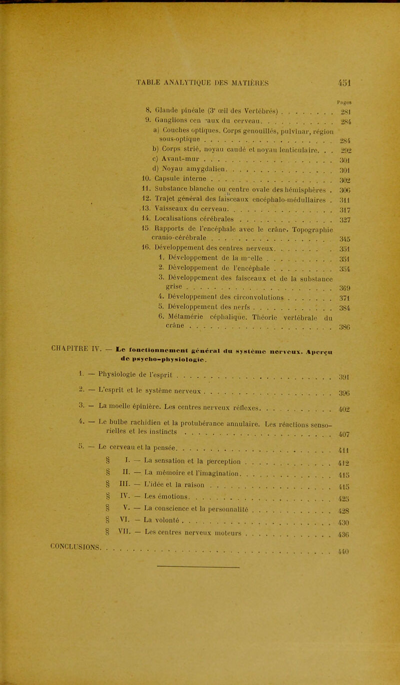 l'âge» 8, Ulaiitle pinéale (3* œil des VerLcbn's) 2X1 9. Ganglions cen -aux du cerveau 2Si a) Couches optiques. Corps genoulllés, pulvinar, région soiis-oplique 284 b) Corps strié, noyau caudé et noyau lenticiilairo. . . 292 c) Avanl-mur ;}0I d) Noyau amygdalien 30) 10. Capsule interne ;3Q2 11. Substance blanche ou centre ovale des hémisphères . 'M> 12. Trajet général des faisceau-x cncéphalo-niédullaires . :{II ,13. Vaisseaux du cerveau :{17 14. Localisations cérébi-ales ;}27 15 Rapports de l'encéphale avec le crûne. Topographie cranio-cérébrale 345 16. Développement des centres nerveux 1. Développement de la ni-elle 3ol 2. Développement de l'encéphale 3.'34 3. Développement des faisceaux et de la substance grise . 369 4. DéveloppemenI des circonvolutions 371 5. Développement des nerfs 384 6. Métamérie céphalique. Théorie vertébrale du crâne 3Xg CHAPITRE IV. — Le fouctionnoniont gcnci-ui du [syslènio noi'vcus. Aperçu do |Myclio-pliysioioK>«. — Physiologie de l'esprit 31,1 -• — L'esprit et le système nerveux 3. - La moelle épinière. Les centres nerveux rélluxcs /,()2 4. — Le bulbe rachidien et la protubérance annulaire. Les réactions senso- rielles et les instincts ^q-j î). — Le cerveau et la pensée /^H § L — La sensation et la plerception /, 12 § n. — La mémoire et l'imagination ',15 § III. — L'idée et la raison § IV. — Les émotions «gr; § V. — La conscience et la personnalité 428 § VI. — La volonté /,3q § VII. — Les centres nerveux moteurs 43(; CONCLUSIONS